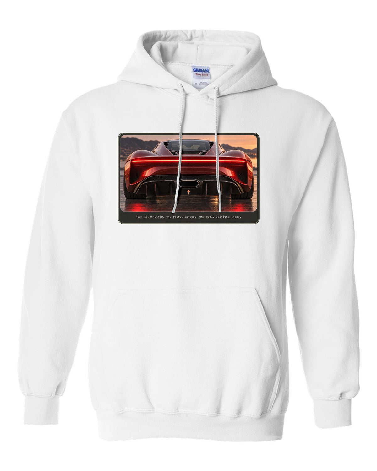 Bugatti Chiron rear light strip and oval exhaust macro print white pull over hoodie front view with the design