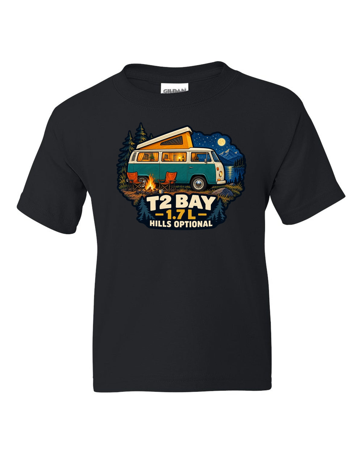 1972 VW Bus T2 Bay Window at a night camp painted in gouache black kids tee front view with the design