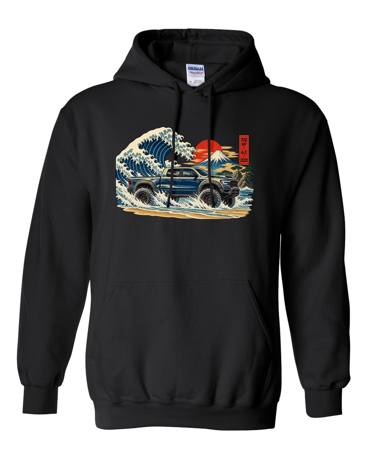 Ukiyo-e great wave woodblock print of a 2021-2024 Ram 1500 TRX with 702 HP 6.2 2021 text black pull over hoodie front view with the design