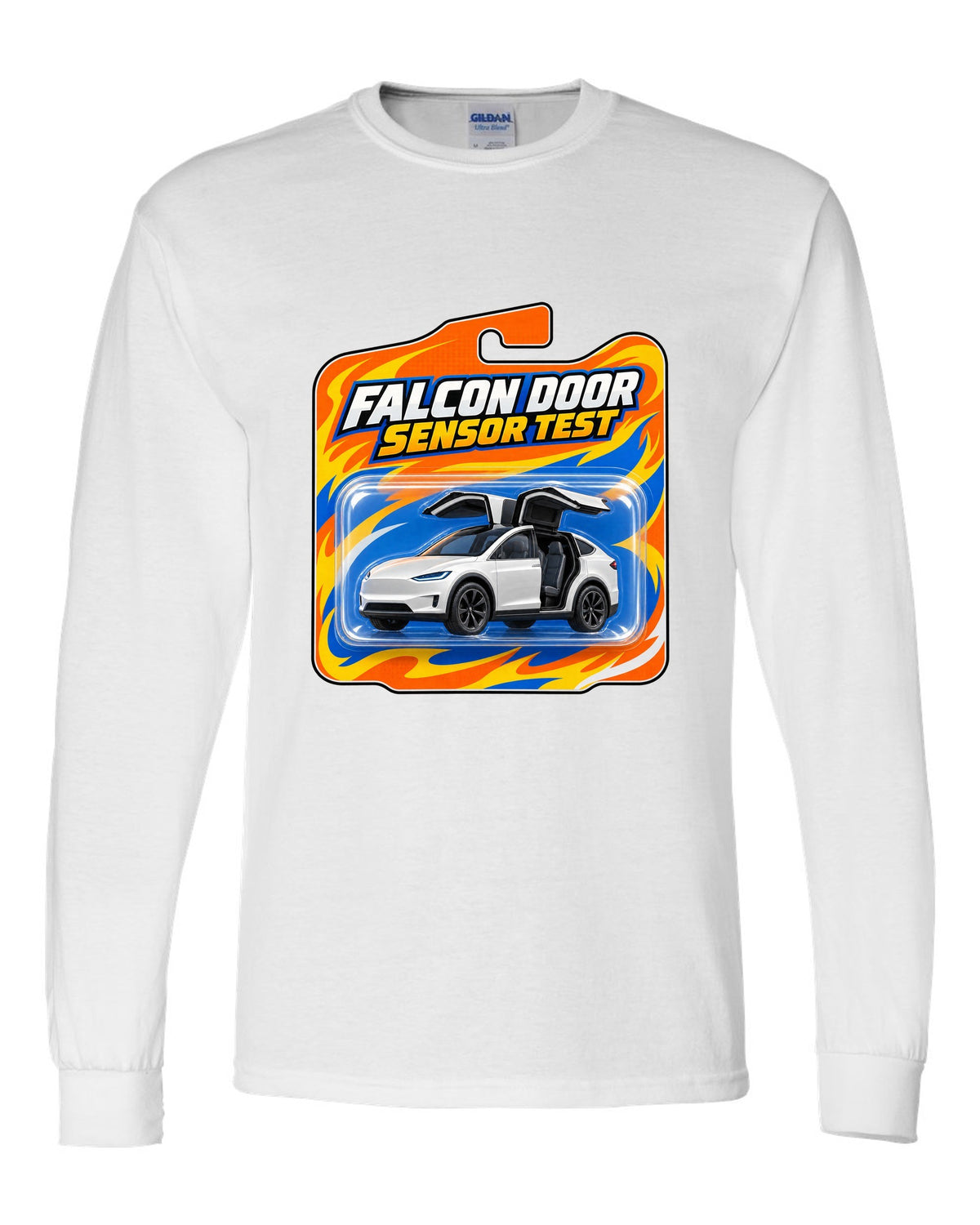 Toy blister card style print of a Tesla Model X reading Falcon Door Sensor Test white long sleeve front view with the design