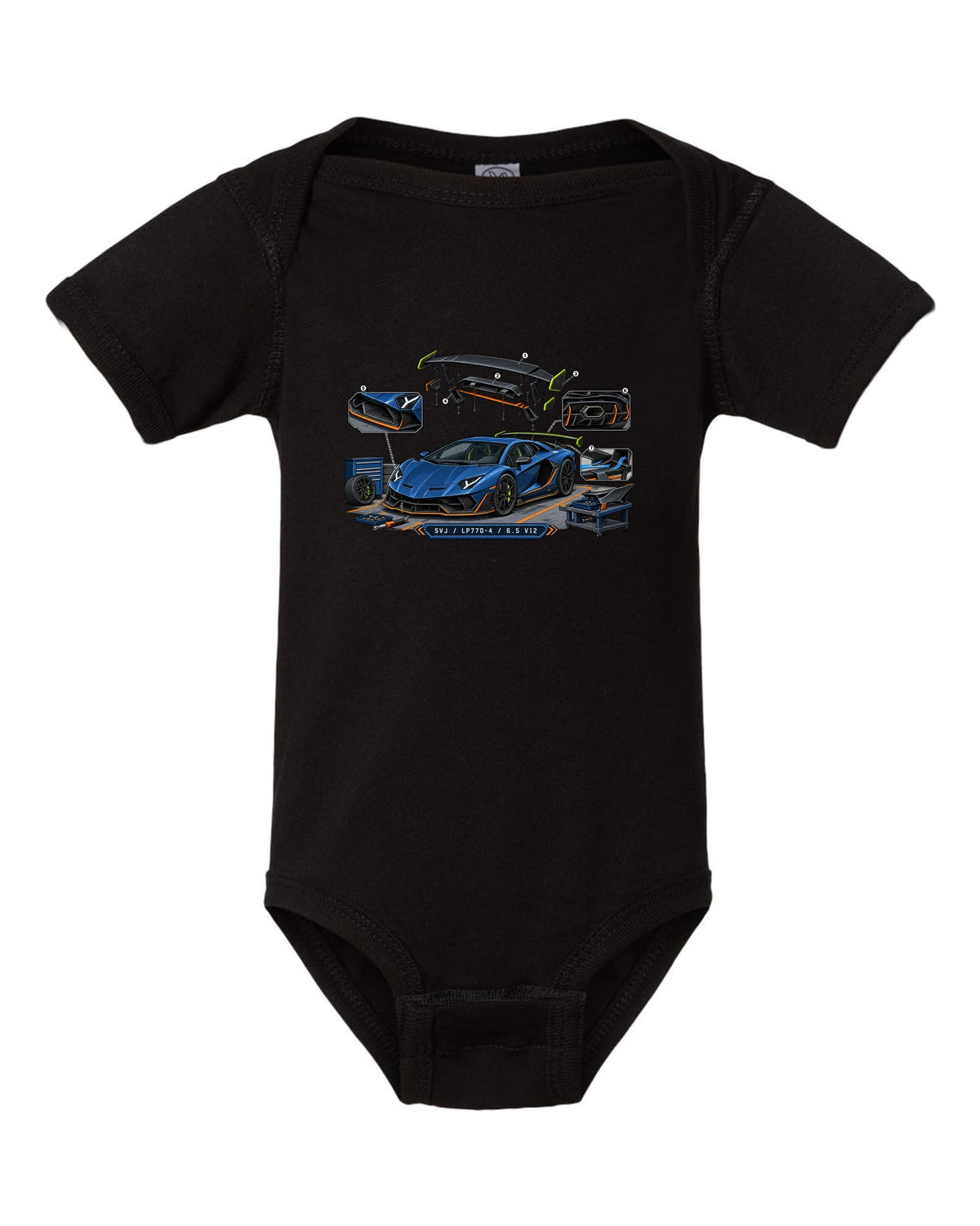 Isometric exploded-view engineering drawing of a Lamborghini Aventador SVJ LP770-4 with V12 text black baby onesie front view with the design