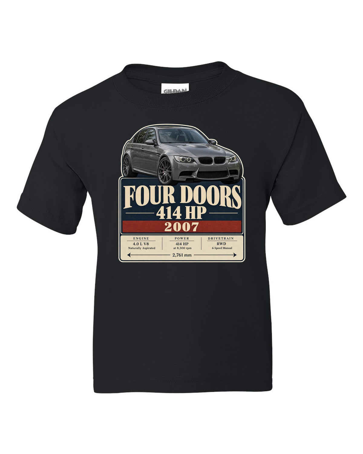 BMW M3 E90 saloon archive panel print black kids tee front view with the design