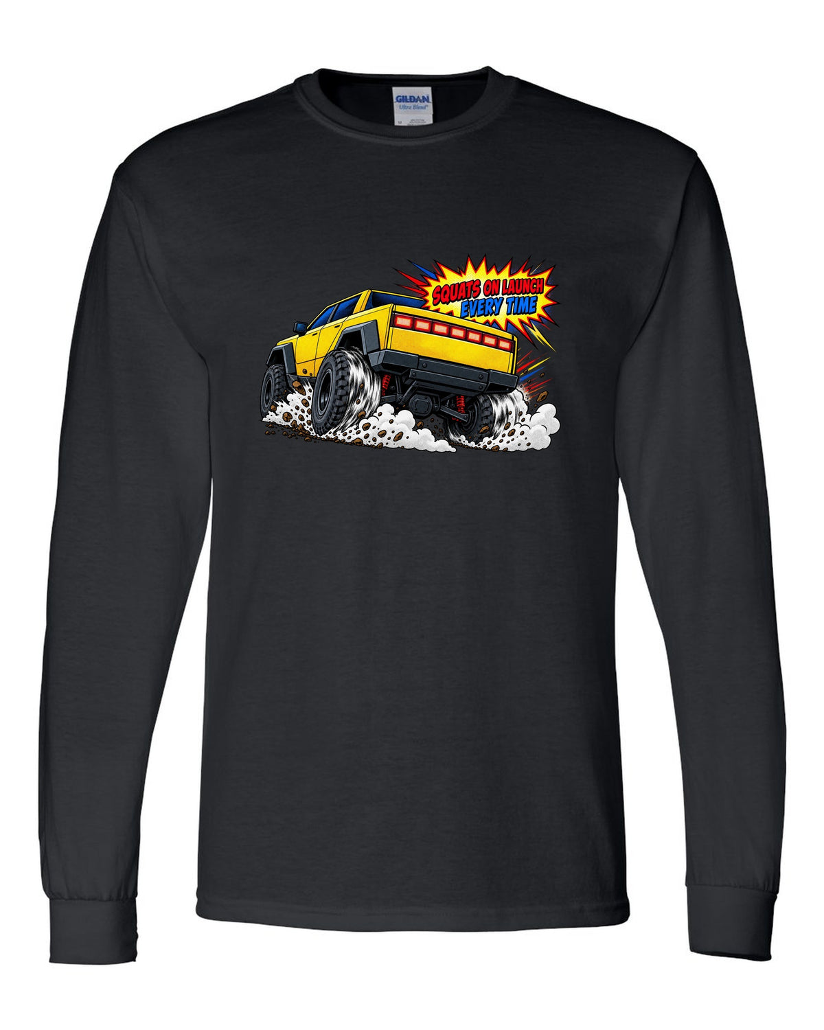 GMC Hummer EV comic halftone print with the words Squats On Launch Every Time black long sleeve front view with the design