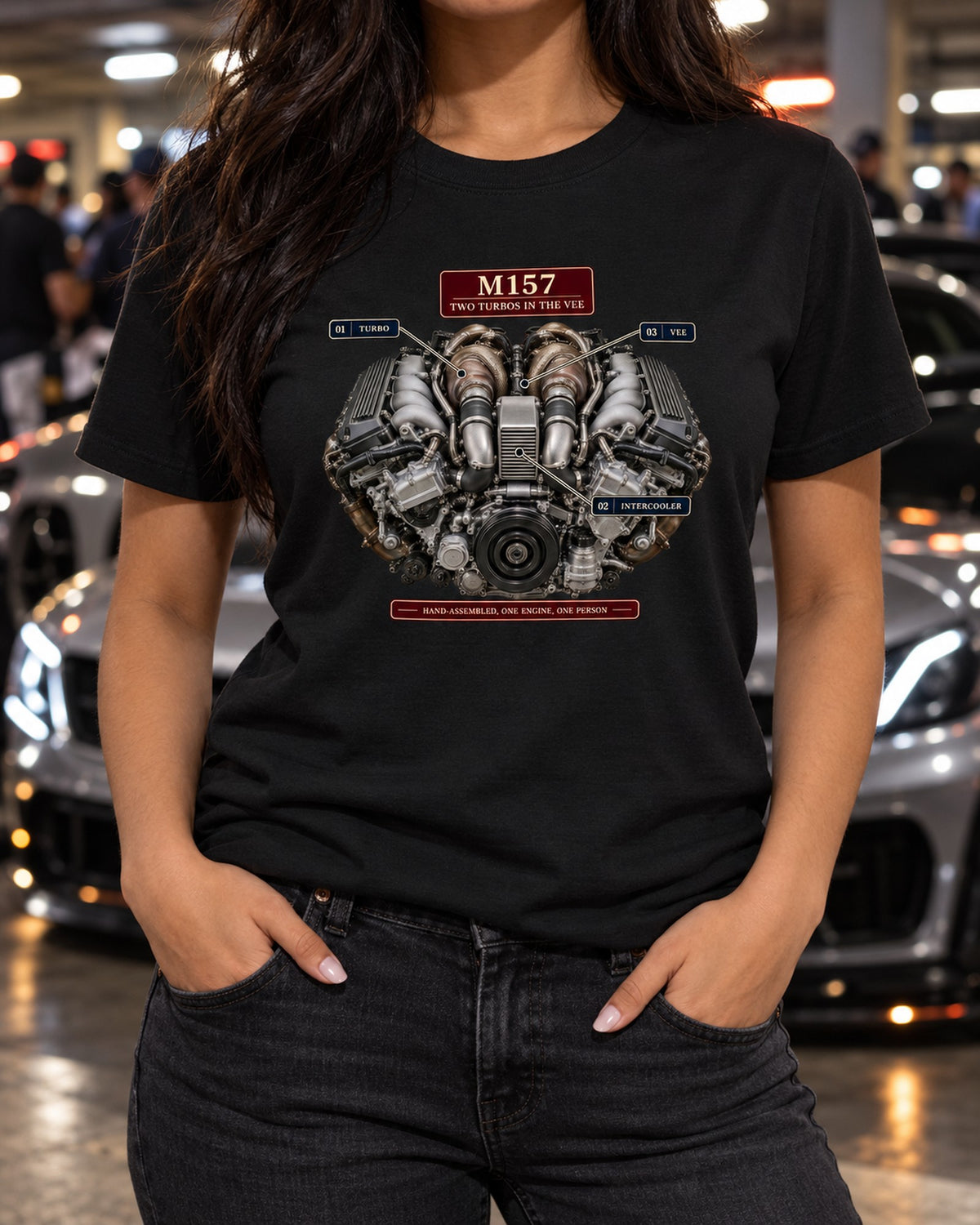 Mercedes-AMG M157 5.5 Biturbo V8 Engine Shirt, W212 E63 S Garage Tee T-Shirt Black worn hero