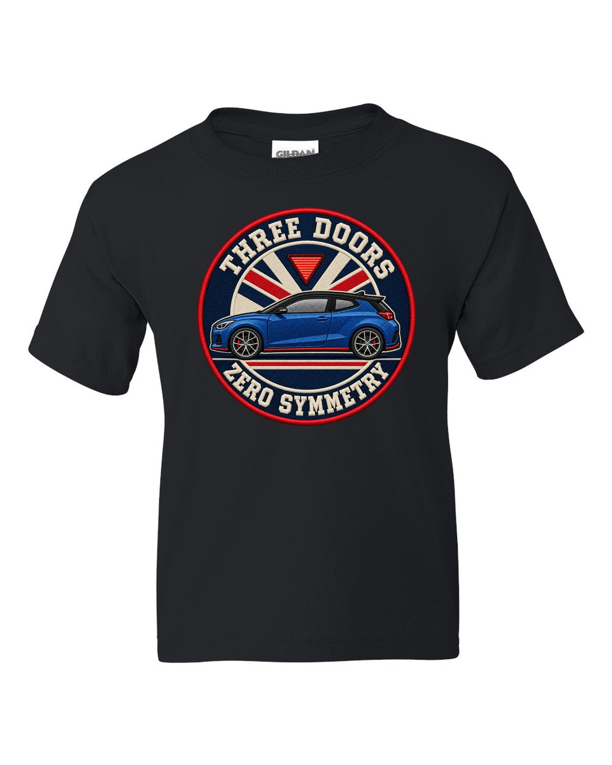 Embroidery varsity crest print for a Hyundai Veloster N JS with three doors zero symmetry text black kids tee front view with the design
