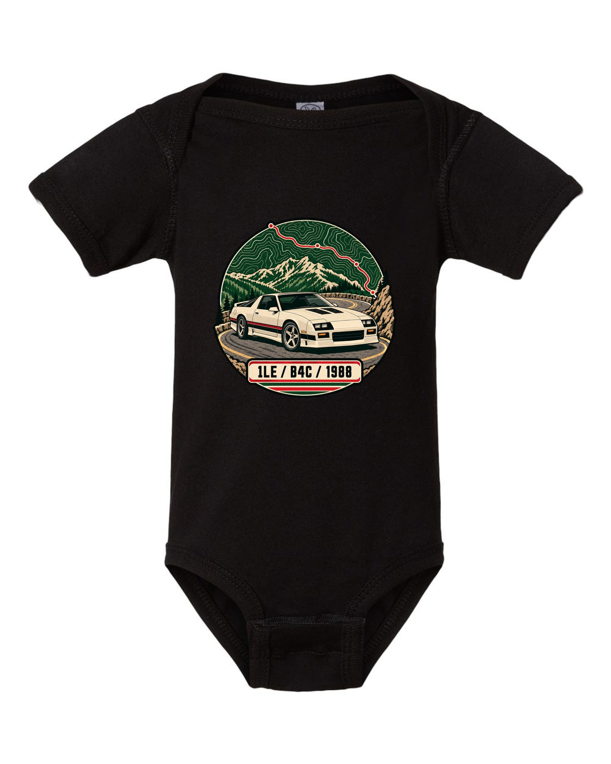 1988 Chevrolet Camaro 1LE topographic route map print with 1LE B4C 1988 text black baby onesie front view with the design