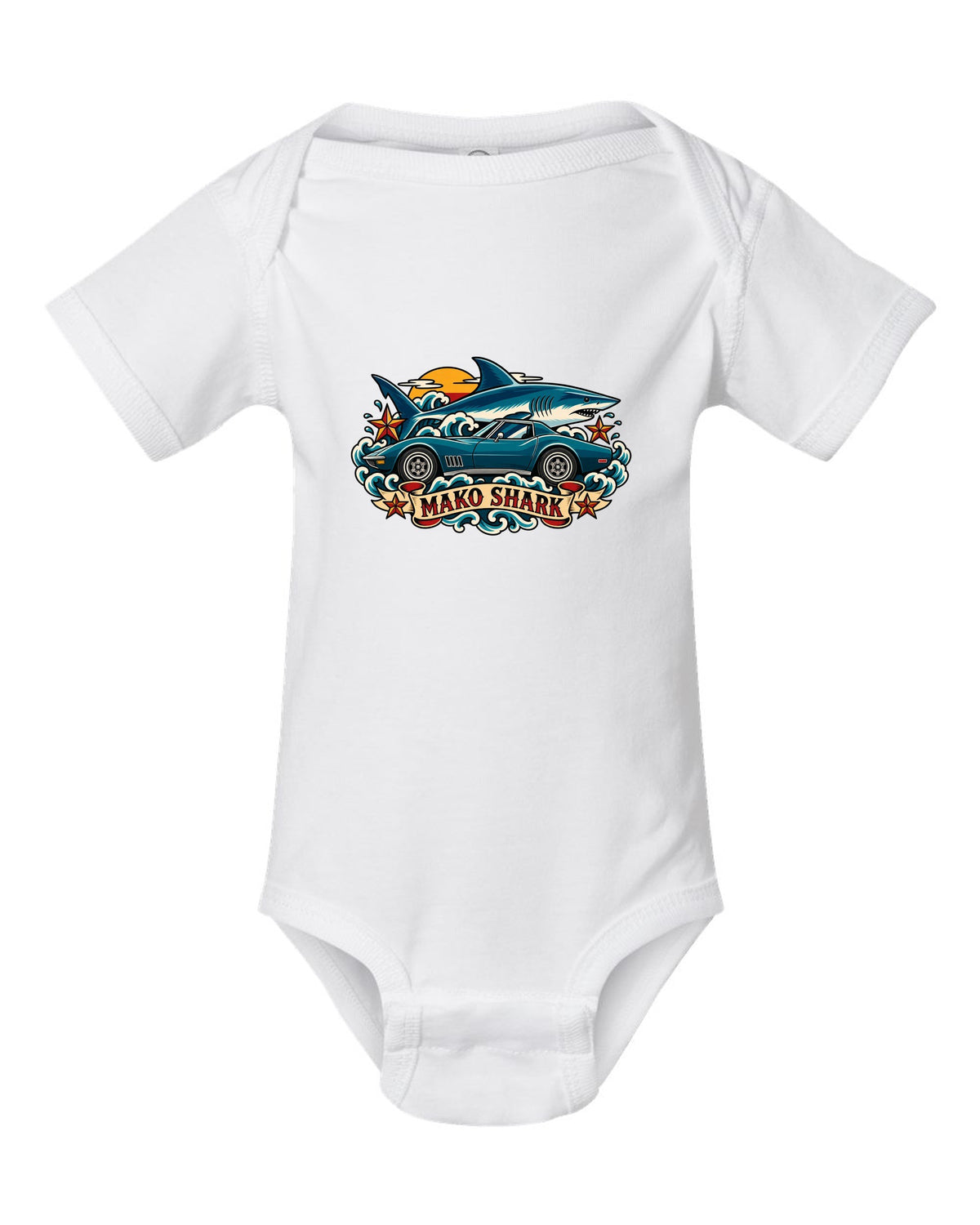 Retro tattoo flash print of a 1968 Chevrolet Corvette C3 Stingray with Mako Shark lettering white baby onesie front view with the design