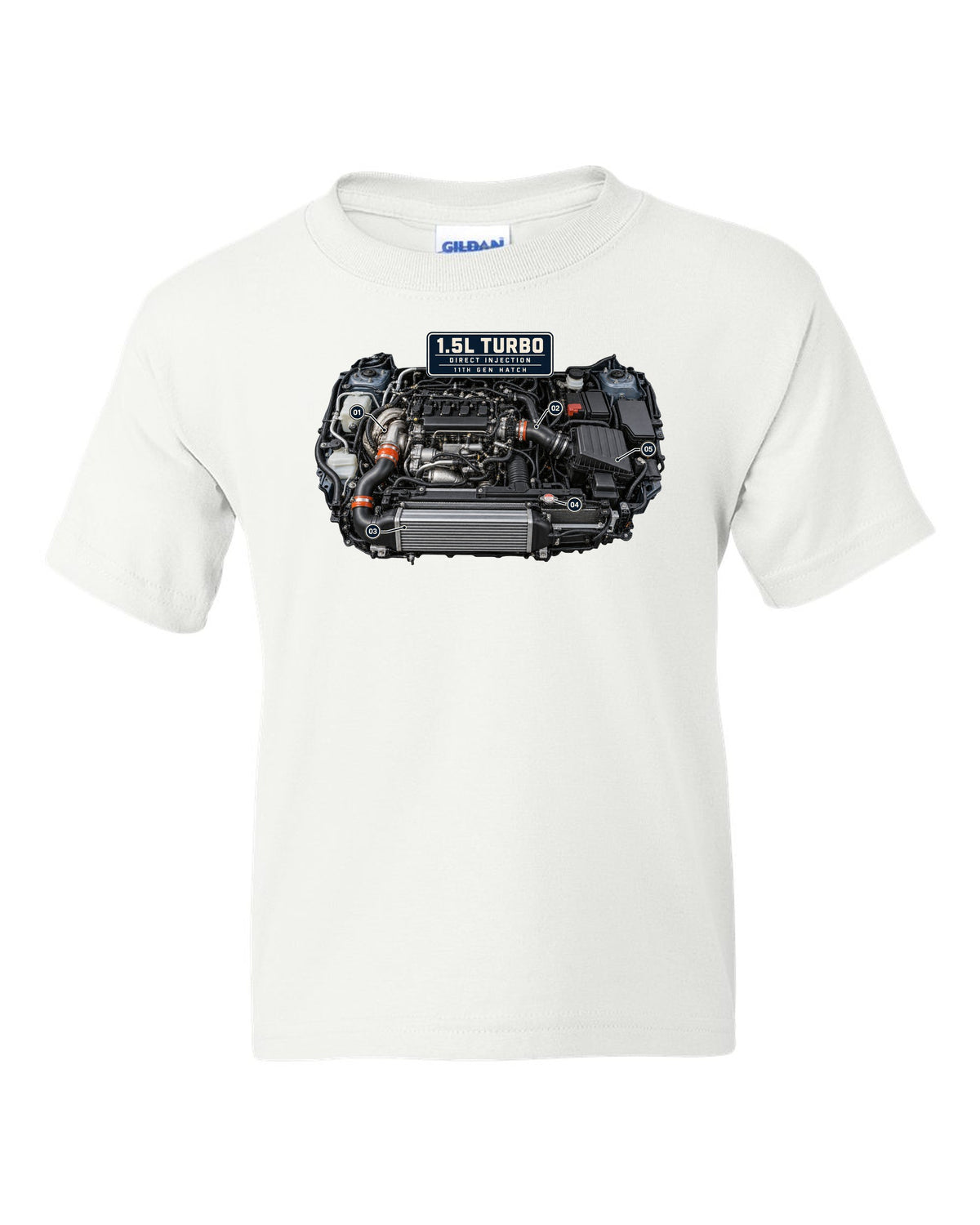 Honda Civic chback FL1 1.5L turbo engine bay print white kids tee front view with the design