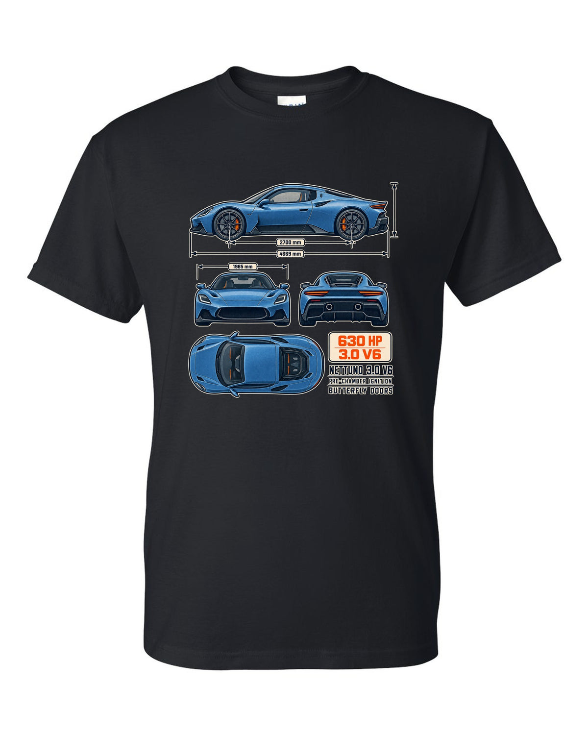 Maserati MC20 dimension blueprint print on a shirt black t-shirt front view with the design