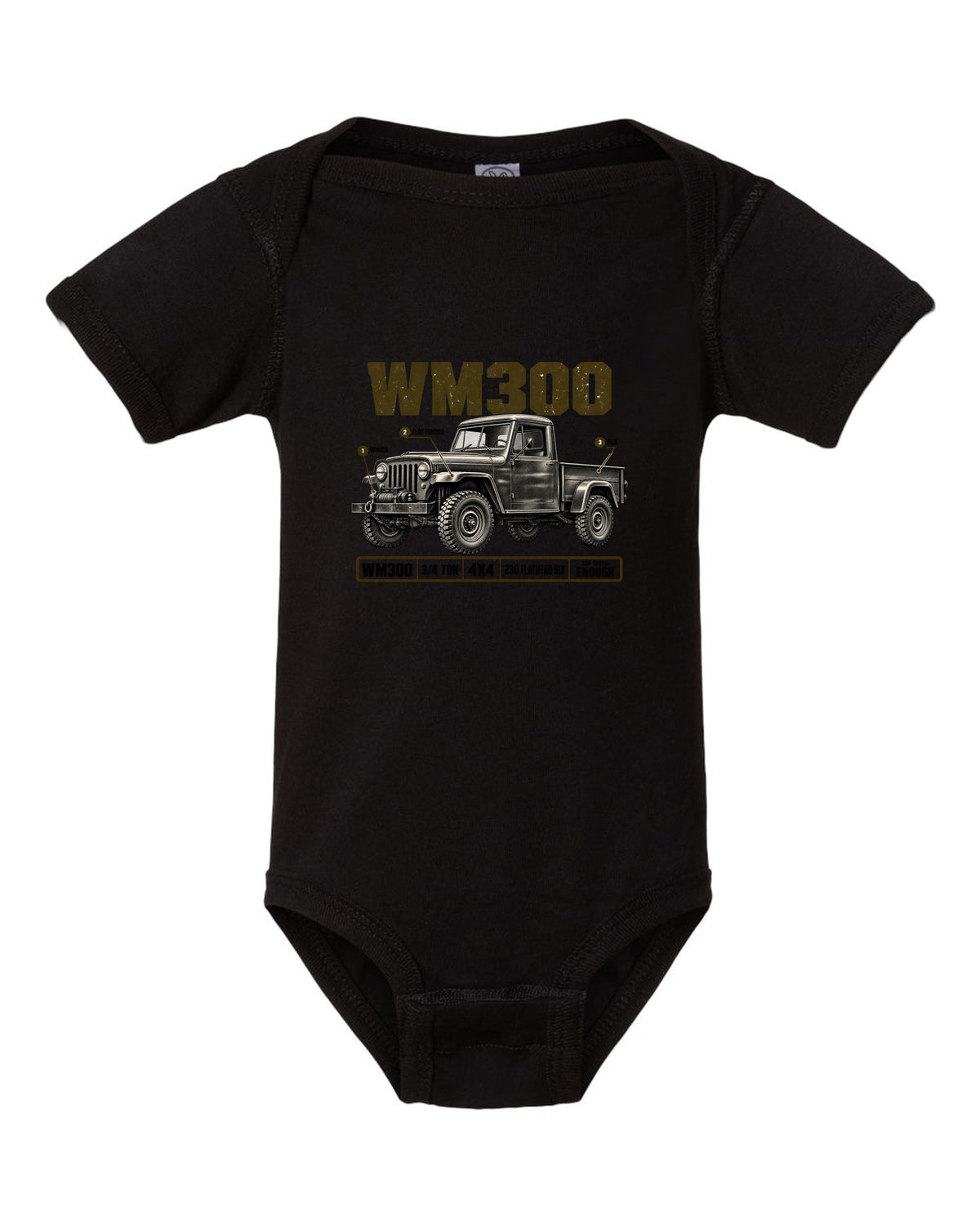 Spec poster print of a 1960-1971 Dodge Power Wagon WM300 flat fender truck black baby onesie front view with the design