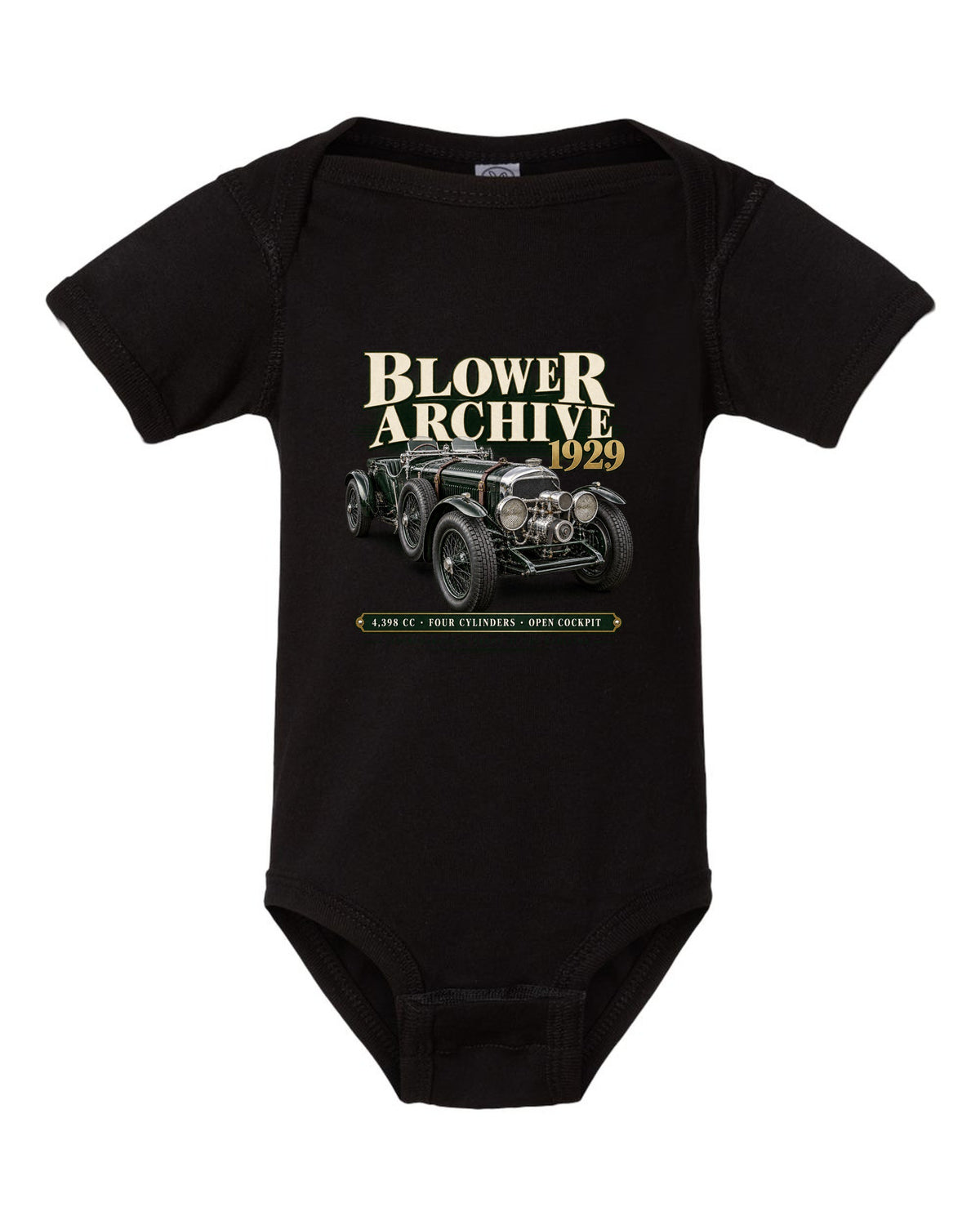 Bentley Blower 1929 archive panel with supercharger detail black baby onesie front view with the design