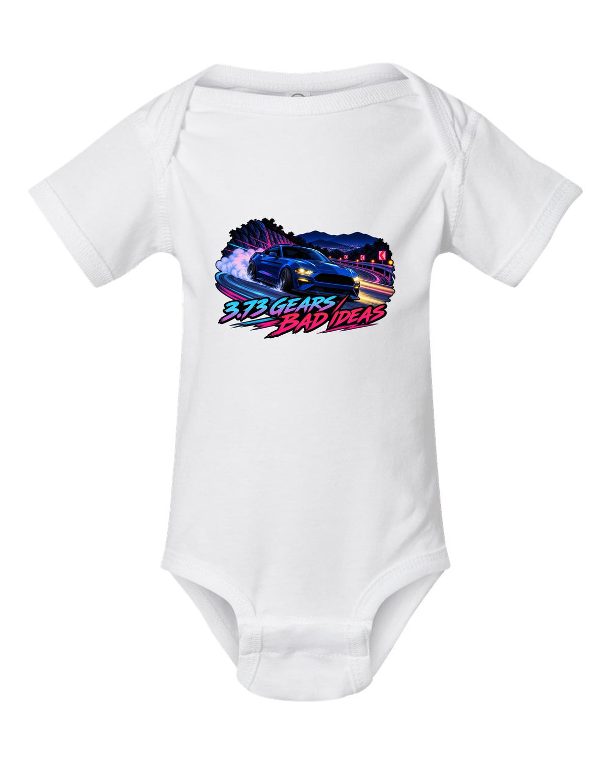 Cel-shaded anime night touge print of a 2015-2023 S550 Mustang fastback with 3.73 Gears text white baby onesie front view with the design