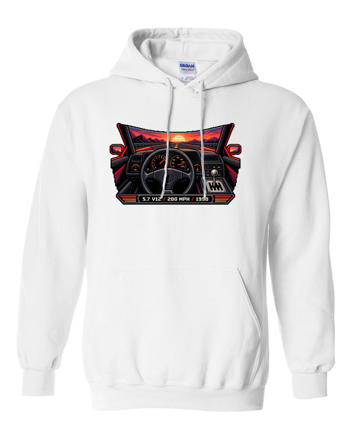 Pixel art Lamborghini Diablo from 1990 with gated shifter and 5.7 V12 200 MPH lettering white pull over hoodie front view with the design