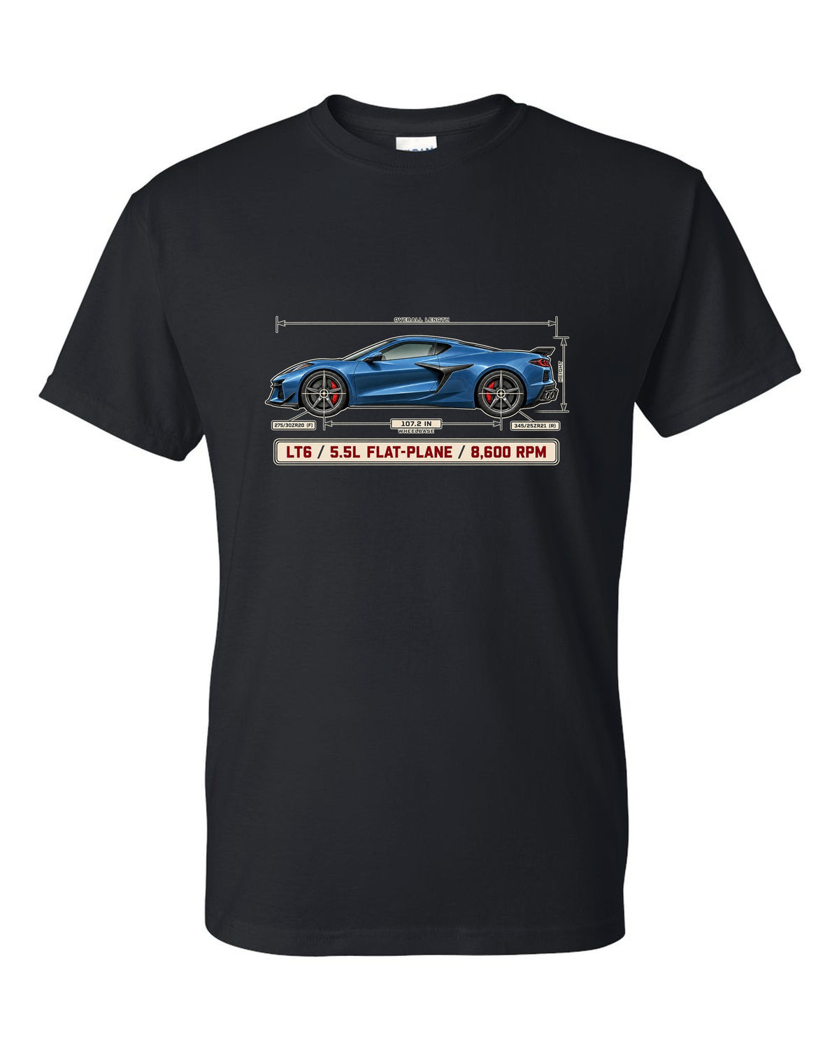 Dimension blueprint print of a Chevrolet Corvette C8 Z06 with LT6 5.5L flat-plane text black t-shirt front view with the design