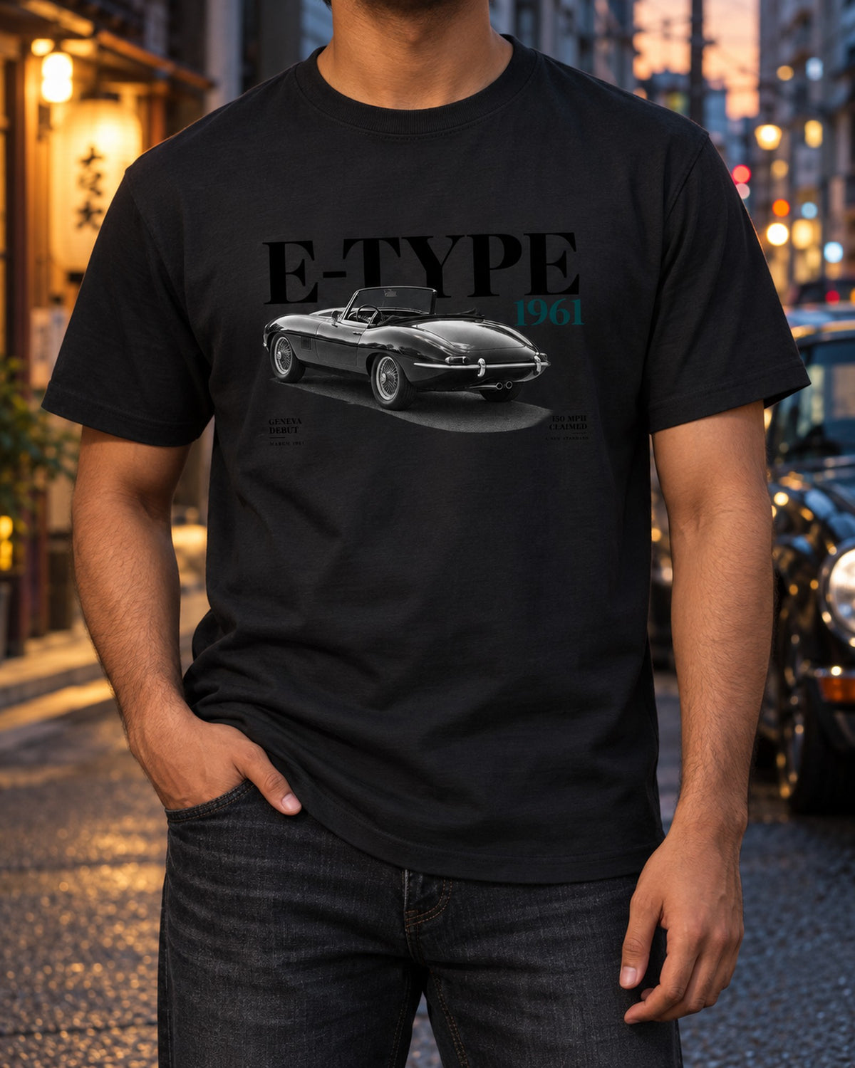 Jaguar E-Type Roadster 1961 Geneva Debut Editorial Tee T-Shirt Black worn hero