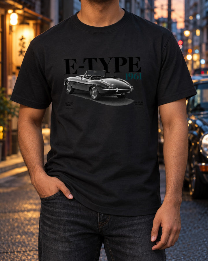 Jaguar E-Type Roadster 1961 Geneva Debut Editorial Tee T-Shirt Black worn hero