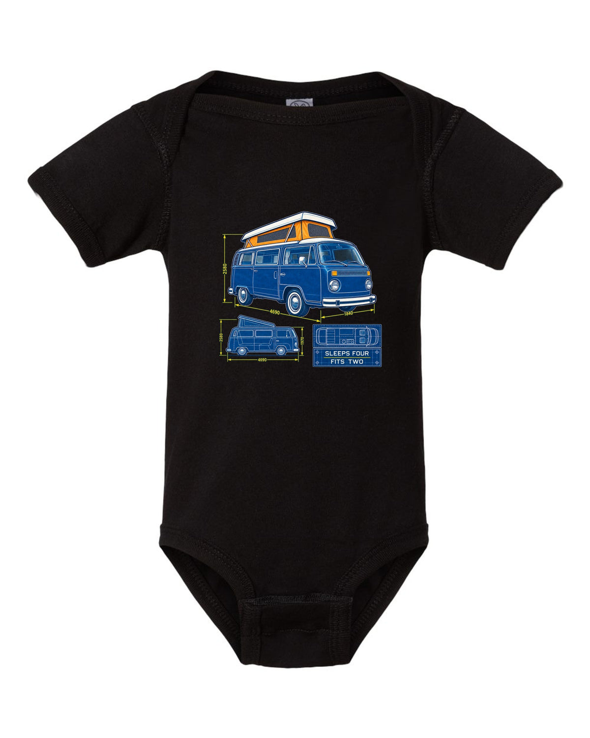 Cyanotype negative blueprint of a VW Bay Window T2 camper with sleeps four fits two text black baby onesie front view with the design