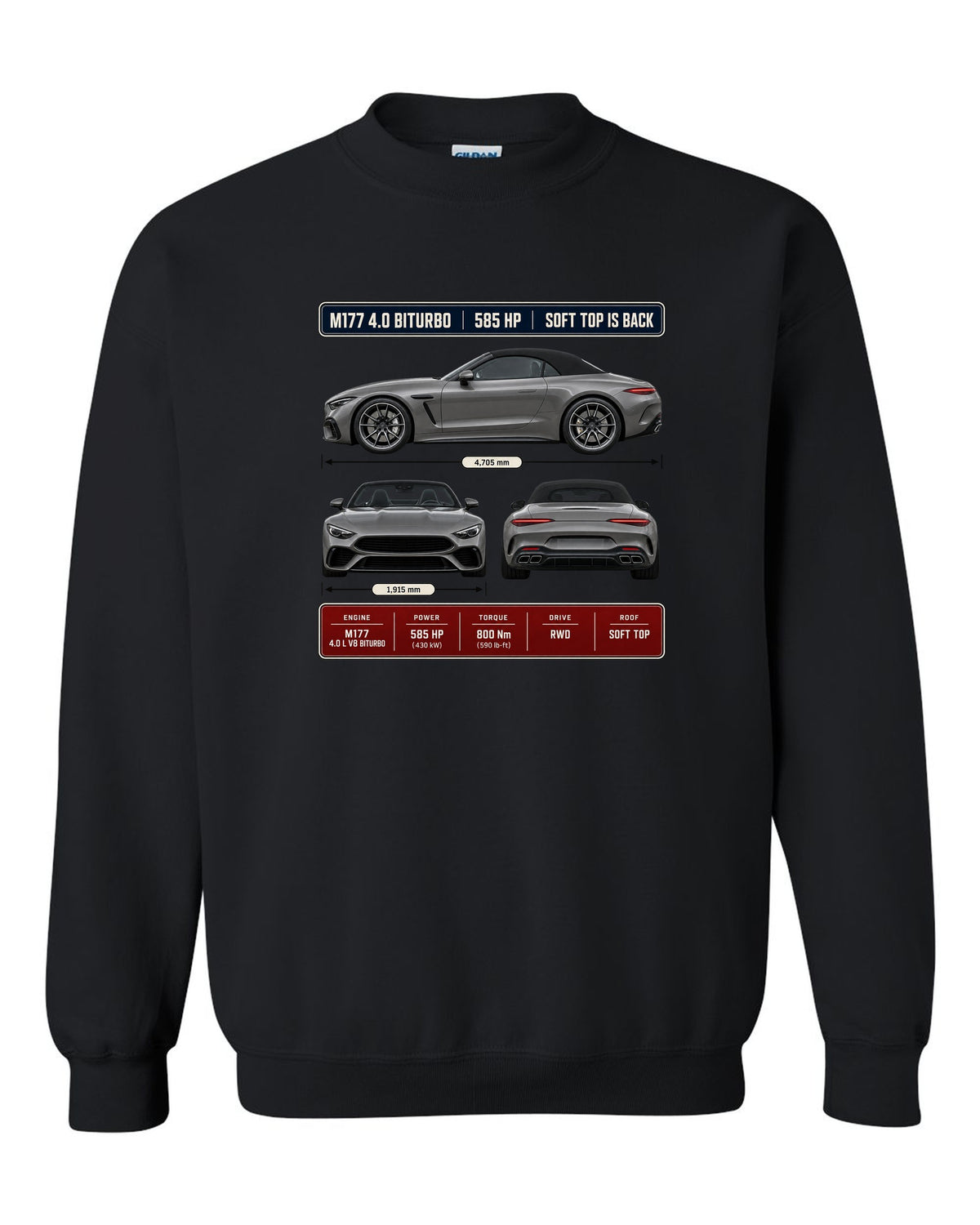 Mercedes-AMG SL63 R232 Three-View Spec black crewneck front view with the design