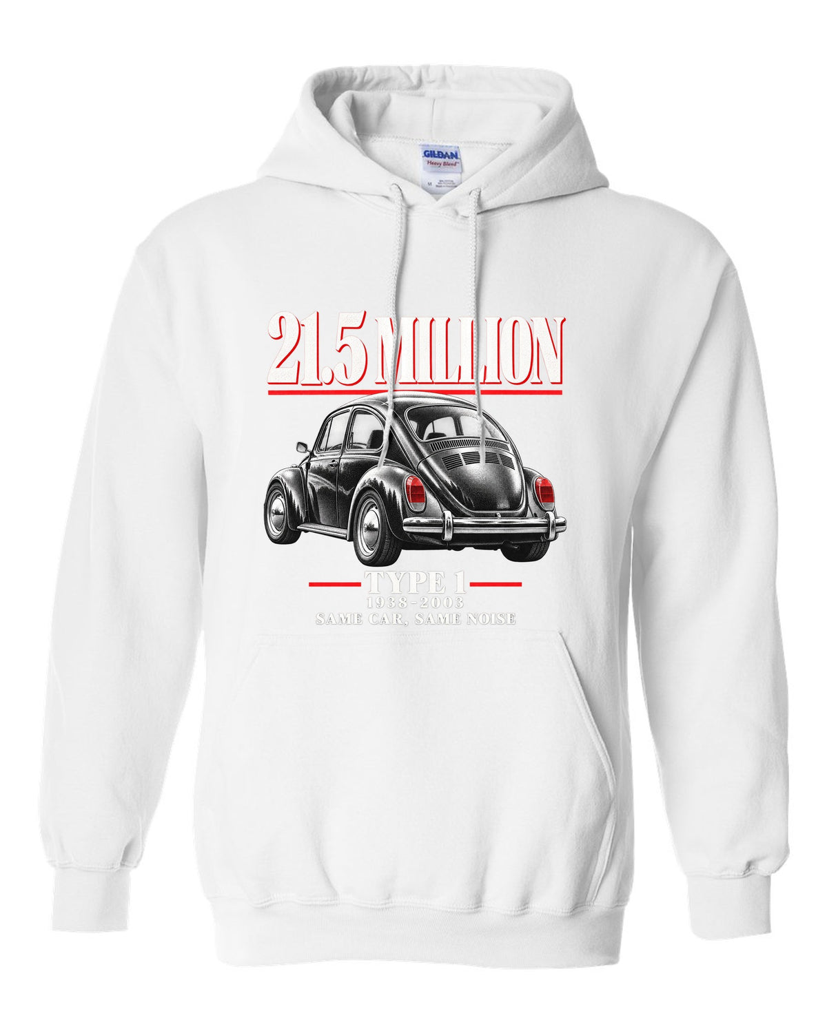 Editorial print of a VW Beetle Type 1 1303 Super Beetle three-quarter rear white pull over hoodie front view with the design