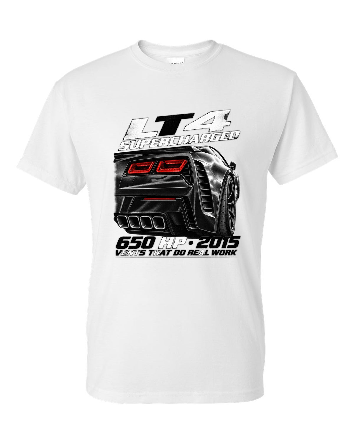 Corvette C7 Z06 rear vents close-up with LT4 650 HP text white t-shirt front view with the design