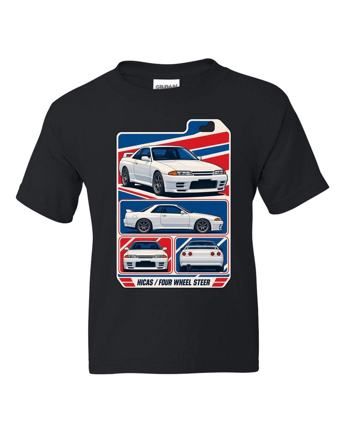 Varsity shield crest print for the Nissan Skyline GT-R R34 reading Allegedly 280 PS, Sure black kids tee front view with the design