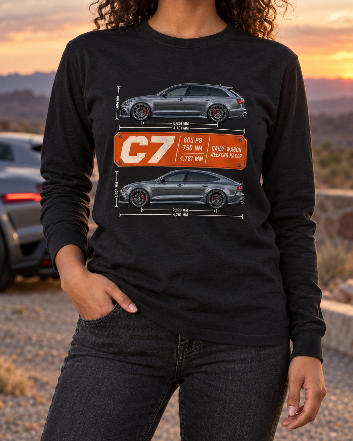 Audi RS4 Avant B9 Spec Poster Tee, 450 PS Daily Wagon Long Sleeve Black worn hero