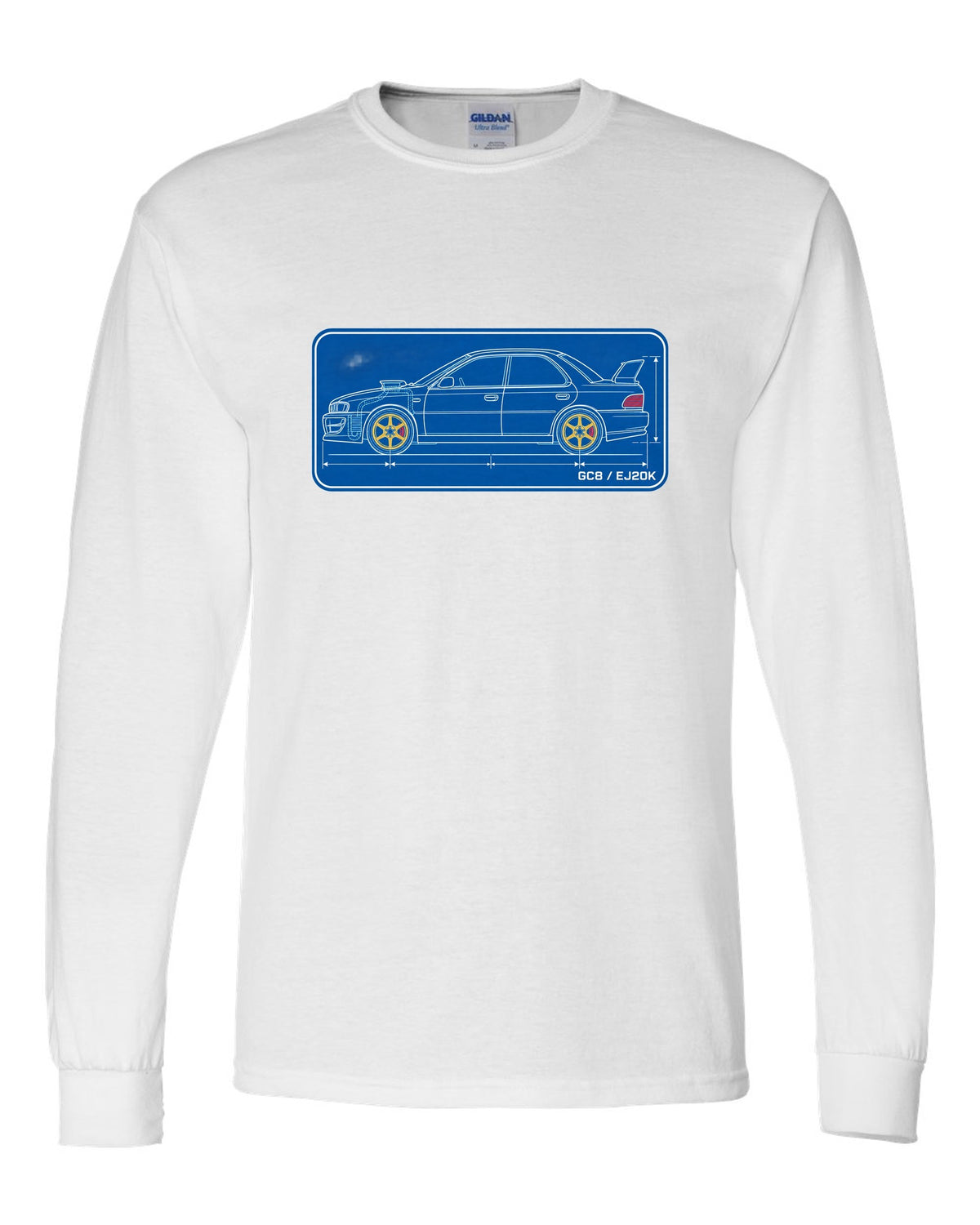 Cyanotype blueprint of a Subaru Impreza WRX GC8 hood scoop with EJ20K text white long sleeve front view with the design