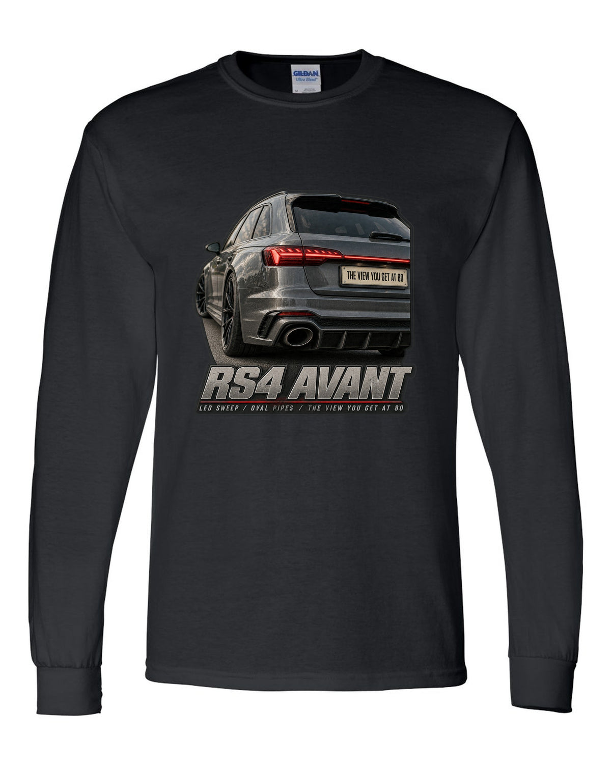 Audi RS4 Avant B9 rear taillight macro with LED sweep and oval pipes print black long sleeve front view with the design