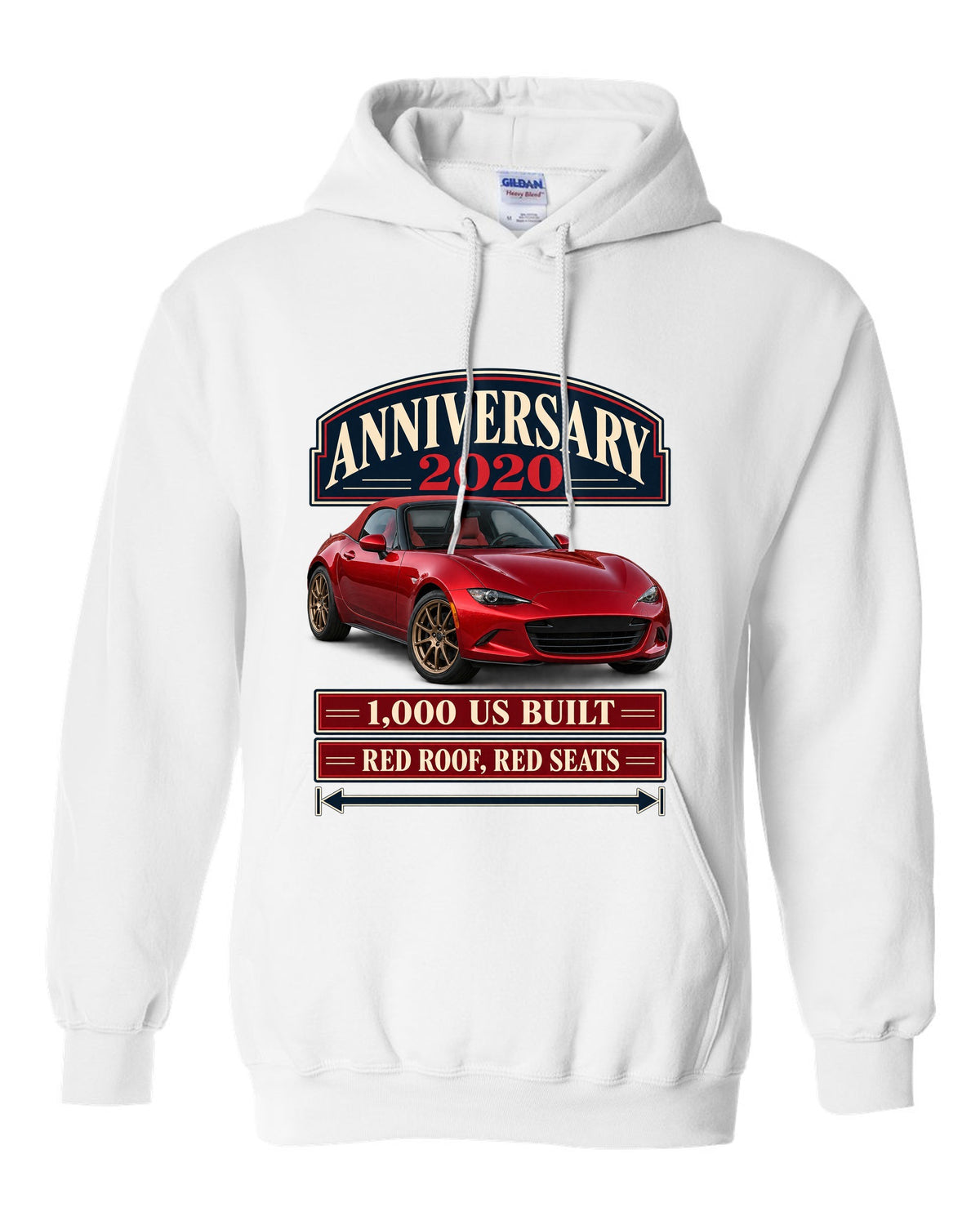 Archive panel layout of a 2020 Mazda MX-5 ND 100th Anniversary Edition with red roof and seats white pull over hoodie front view with the design