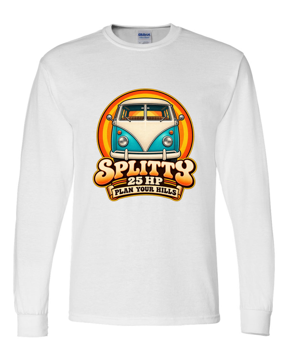 80s airbrush chrome style VW Bus T1 Type 2 Splitty with 25 HP plan your hills text white long sleeve front view with the design