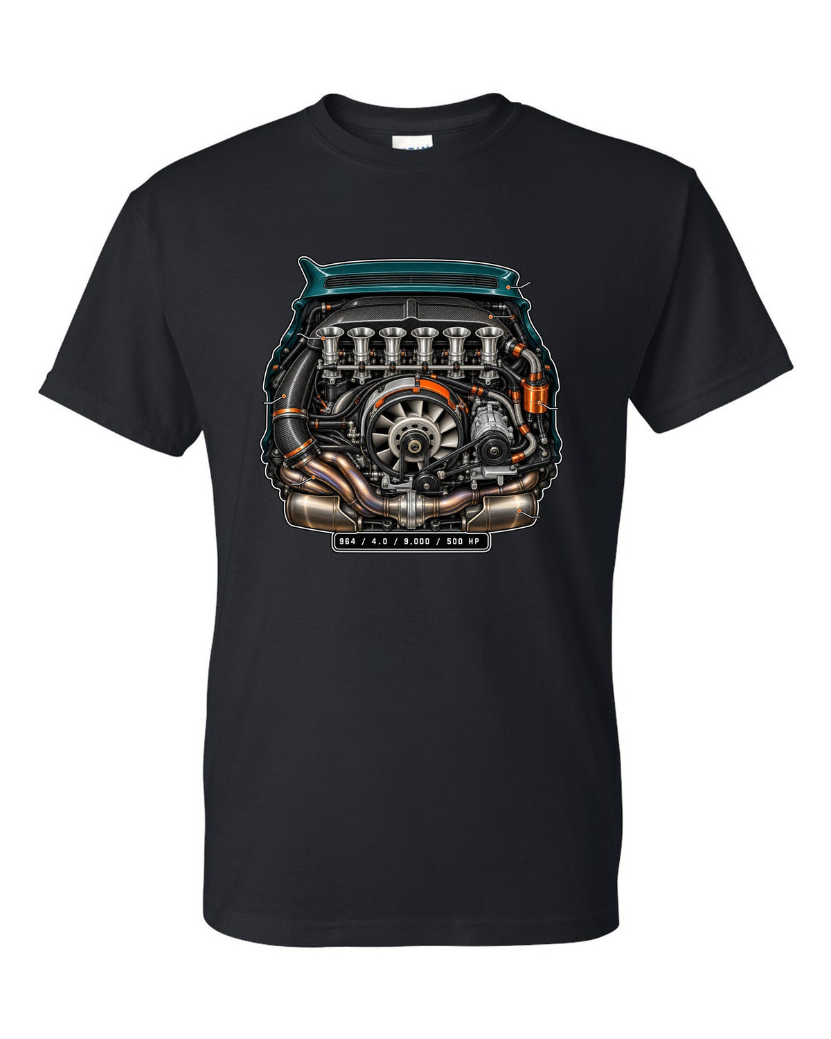 Porsche 911 SC 3.0 embroidery-style crest design reading head stud roulette black t-shirt front view with the design