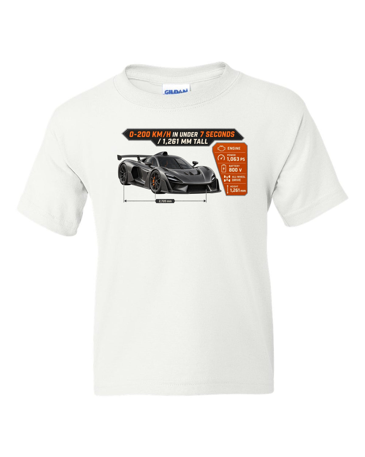 Mercedes-AMG One spec poster design with acceleration and height figures white kids tee front view with the design