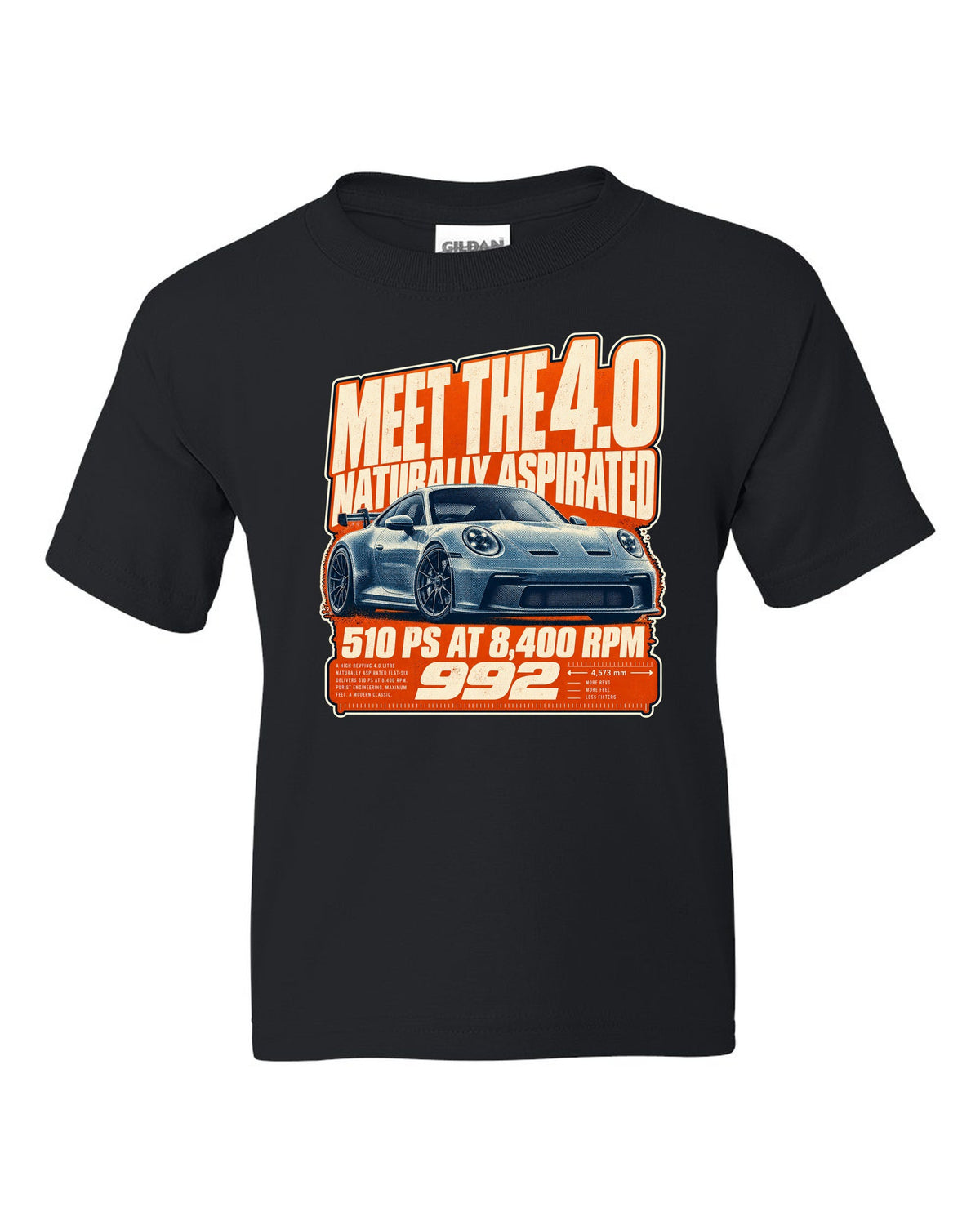 Porsche 992 GT3 halftone statement print design black kids tee front view with the design