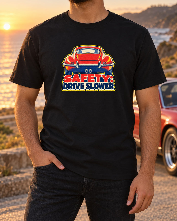 Jaguar E-Type Series 1 Boot Lip Risograph Shirt, Drive Slower T-Shirt Black worn hero