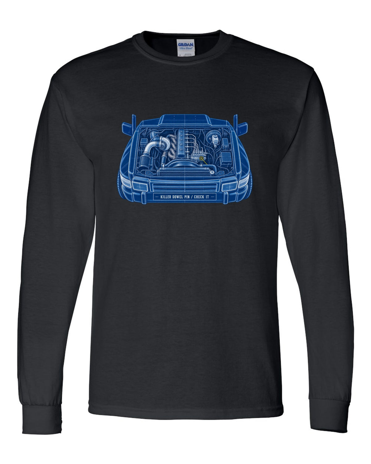 Cyanotype blueprint print of a 1994-1998 Dodge Ram 12V 5.9 Cummins engine bay black long sleeve front view with the design