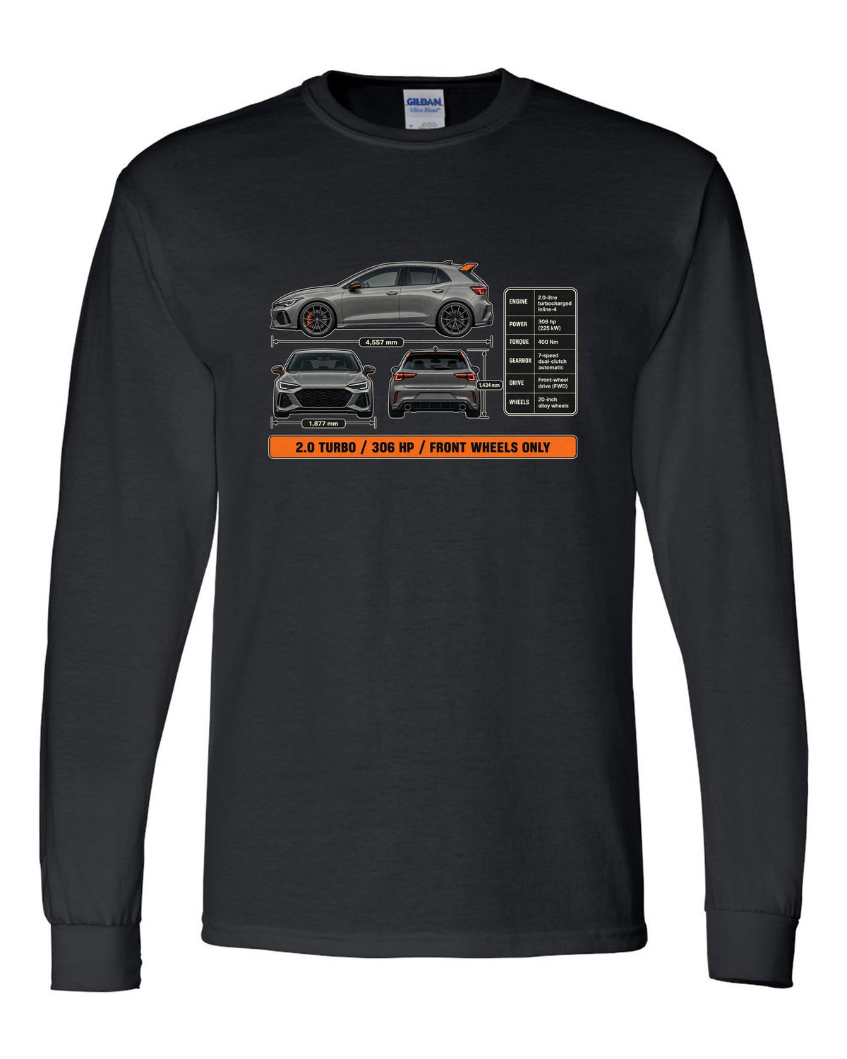 print three-view drawing of a Sonic Grey Honda Civic Type R FK8 black long sleeve front view with the design