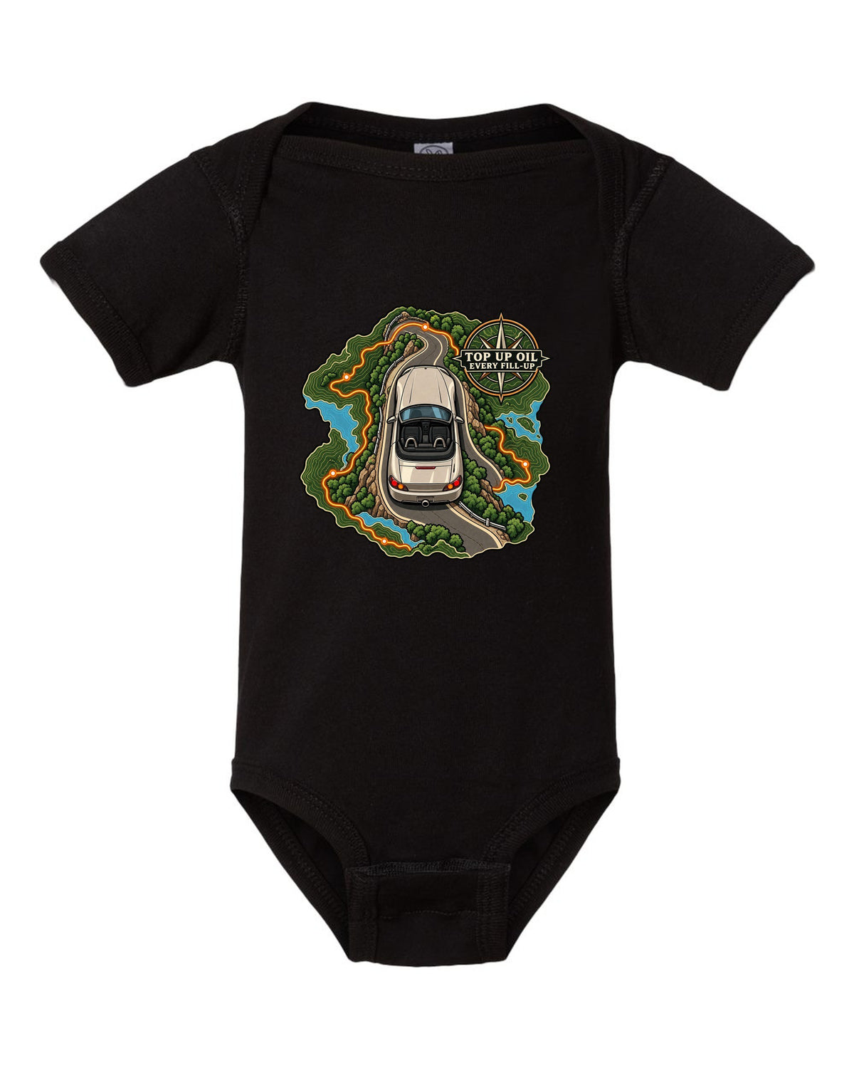 Topographic route map print of a 1999 Honda S2000 AP1 roadster with top up oil text black baby onesie front view with the design