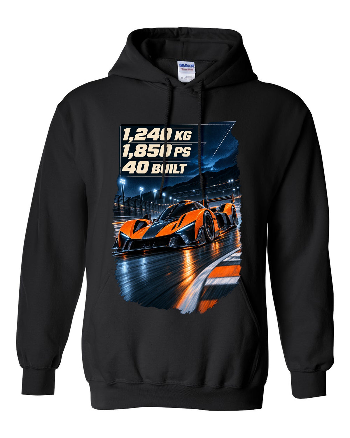 Bugatti Bolide track car at night print with weight and power figures black pull over hoodie front view with the design