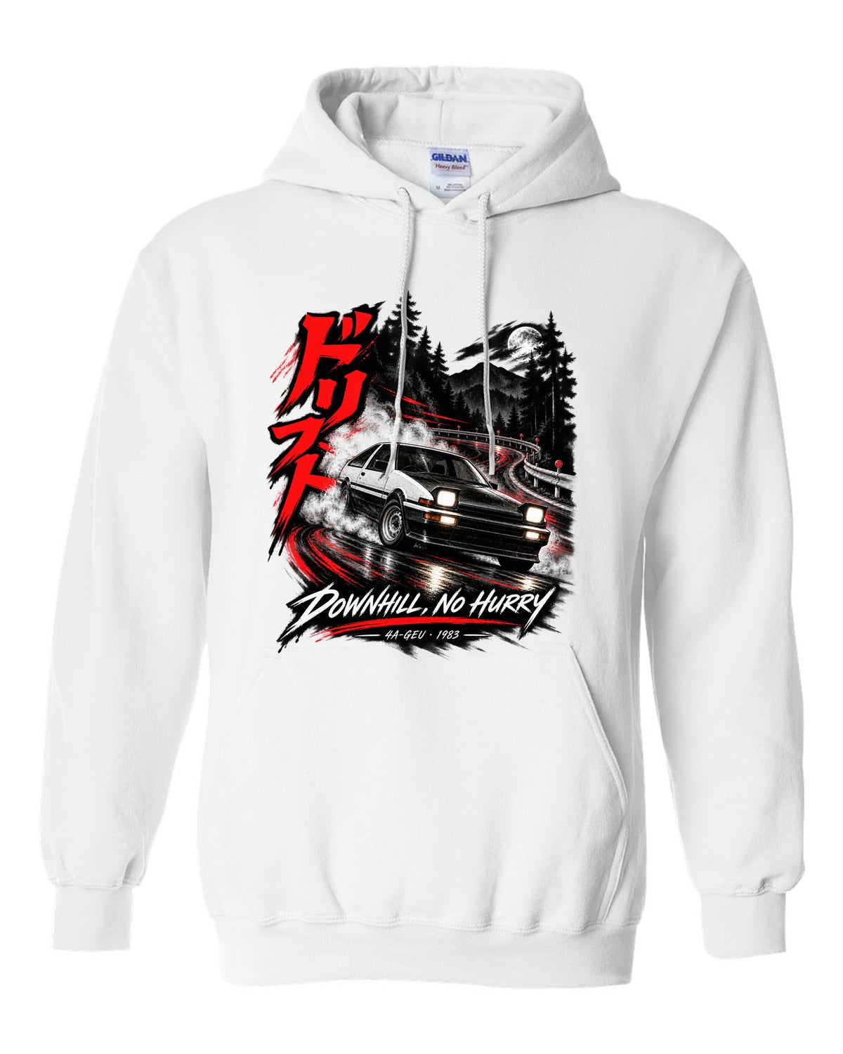 Touge night print of a Toyota Sprinter Trueno AE86 zenki with drift kanji and Downhill No Hurry text white pull over hoodie front view with the design