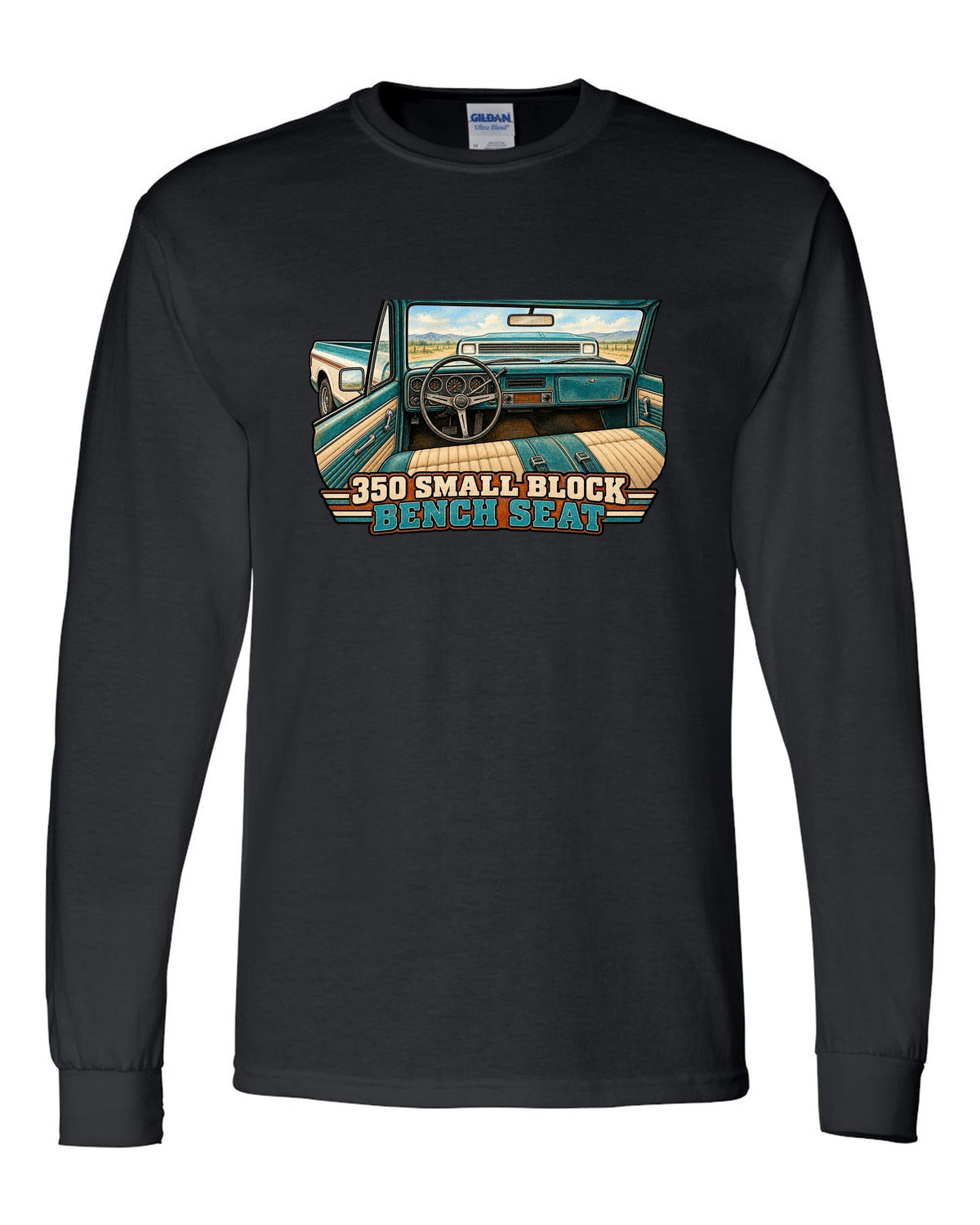 Watercolour wash print of a 1971 Chevrolet C10 Cheyenne with 350 Small Block and Bench Seat text black long sleeve front view with the design