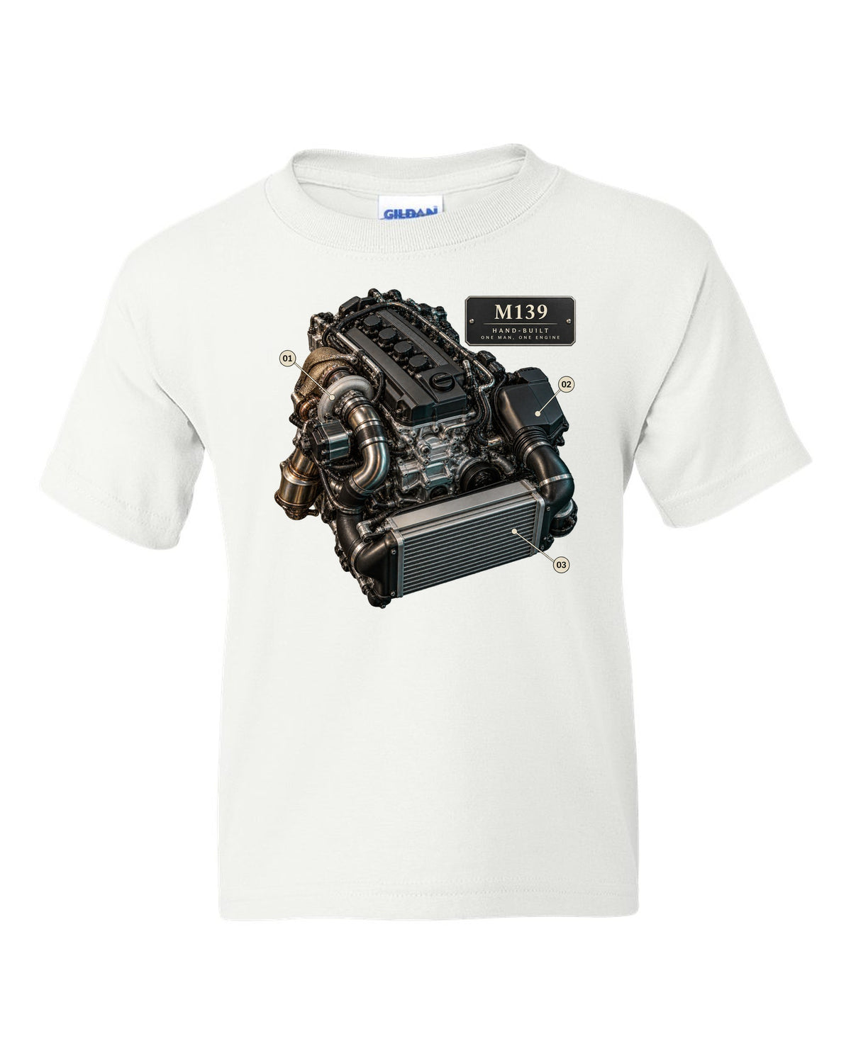 Mercedes-AMG C63 S E Performance W206 M139 engine illustration white kids tee front view with the design