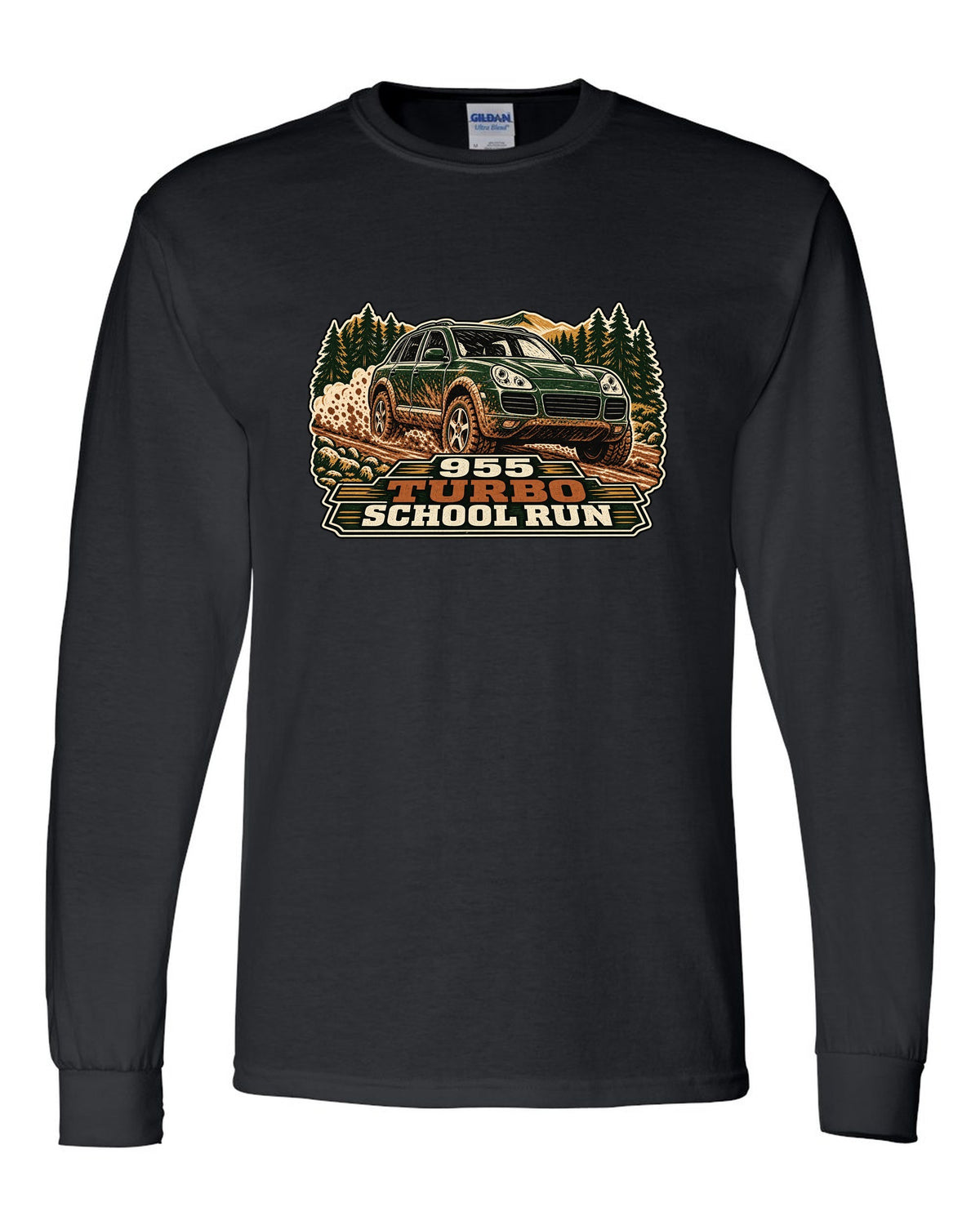 Multi-block linocut print of a muddy Porsche Cayenne Turbo 955 with the text 955, turbo, school run black long sleeve front view with the design