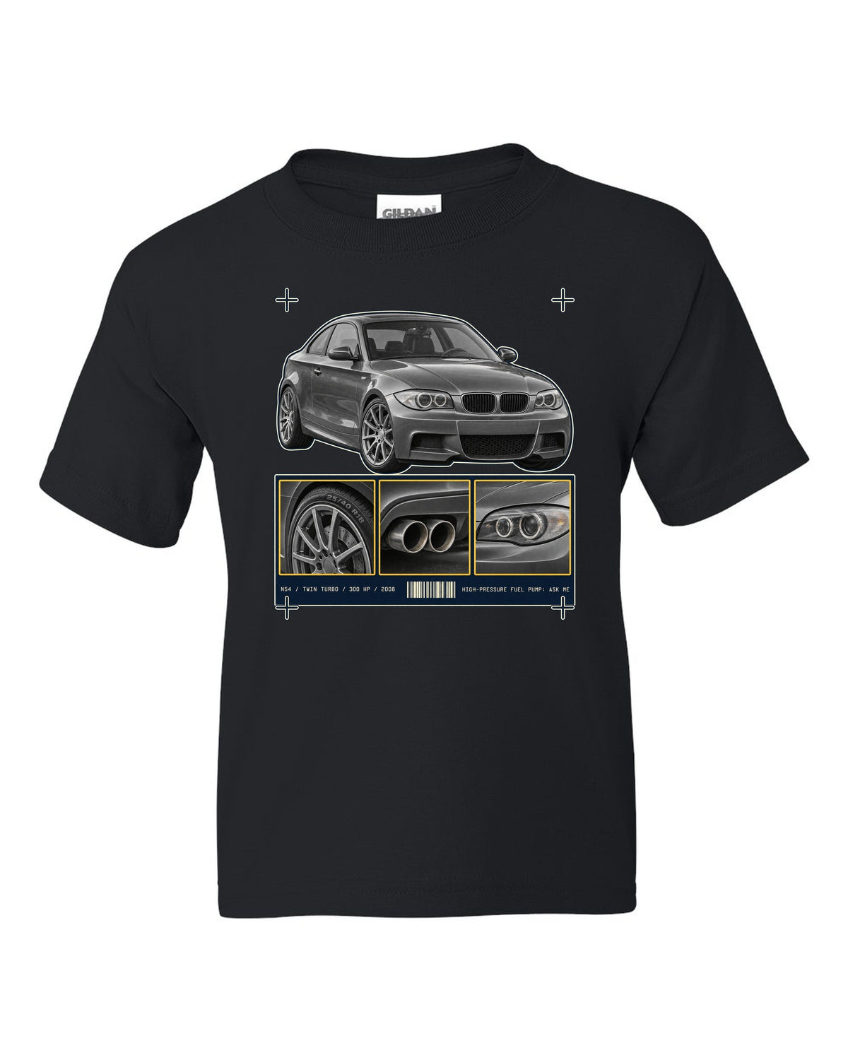 BMW 135i E82 coupe dossier panel print with N54 specs black kids tee front view with the design