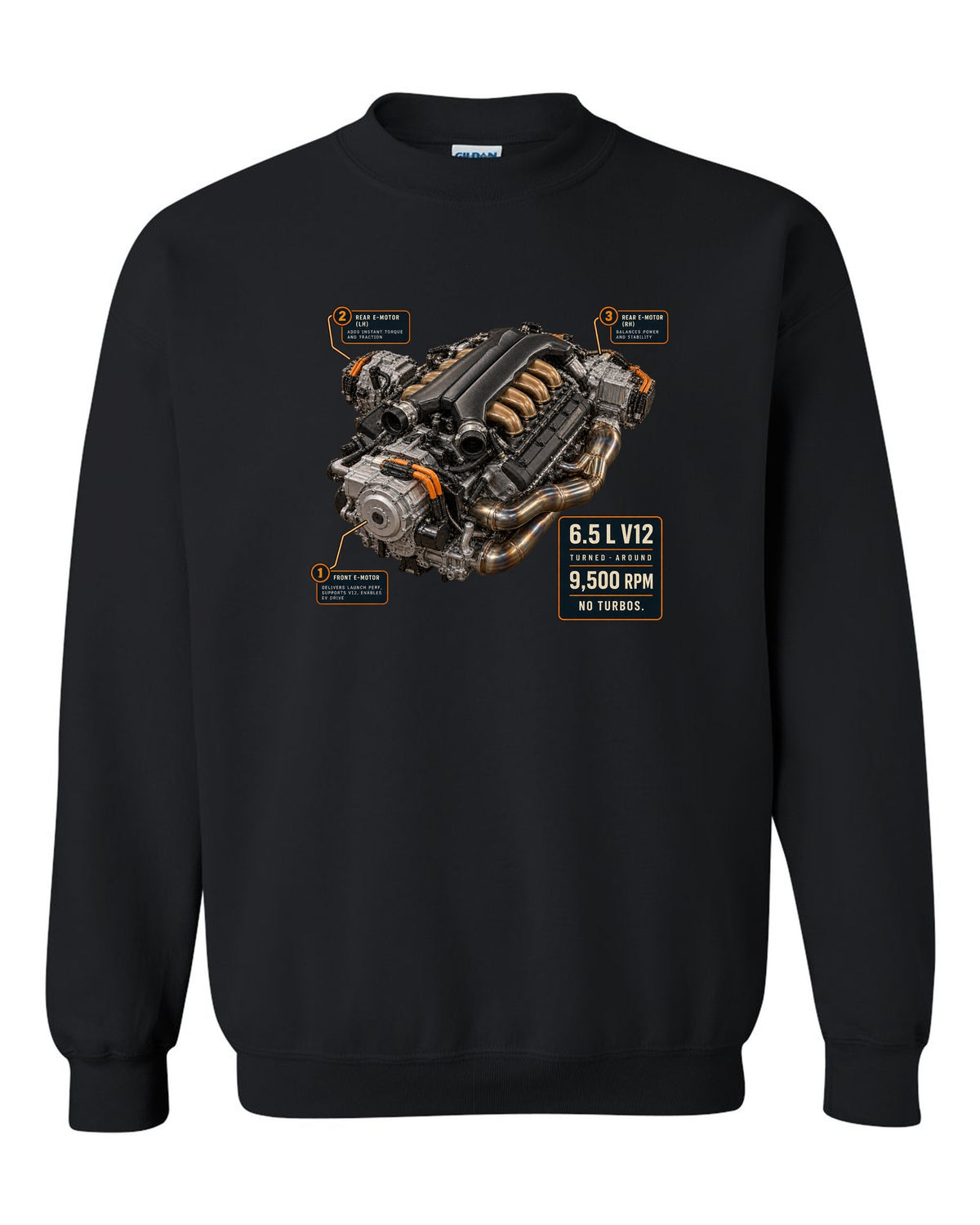 Engine hero print of the Lamborghini Revuelto L545 V12 black crewneck front view with the design