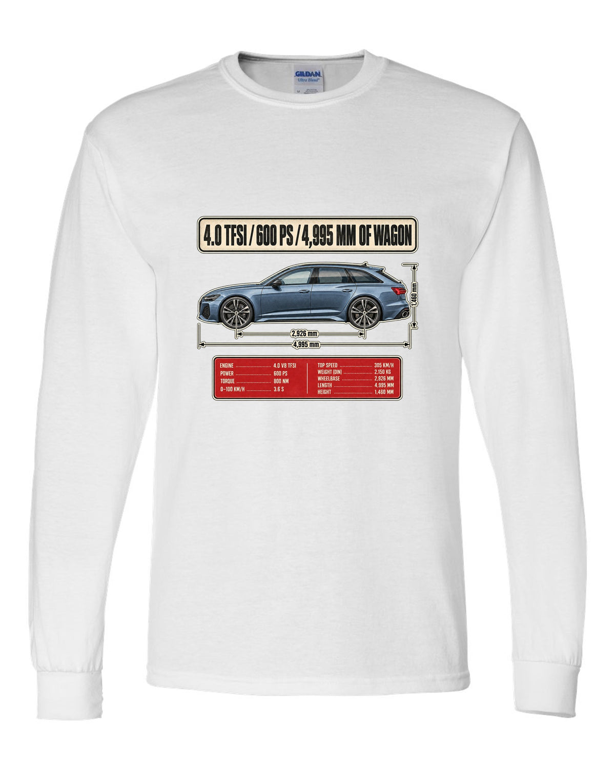 Audi RS6 Avant C8 wagon dimension blueprint print white long sleeve front view with the design
