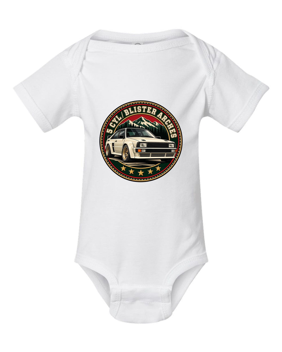 Varsity crest print of an Audi Ur-Quattro with blister arches text white baby onesie front view with the design