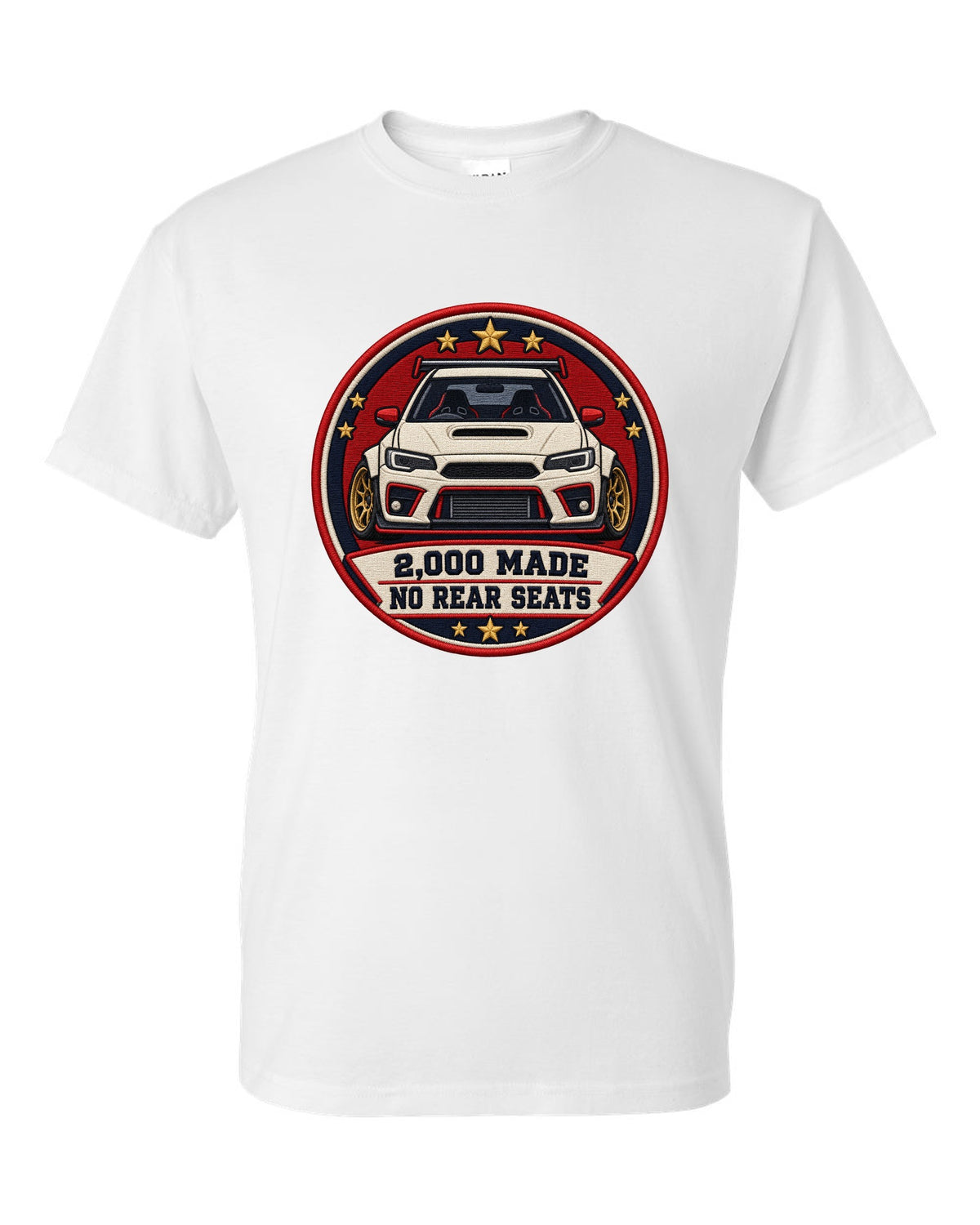 Embroidery-style varsity crest print for the Mini GP1 R53 with 2,000 made and no rear seats text white t-shirt front view with the design