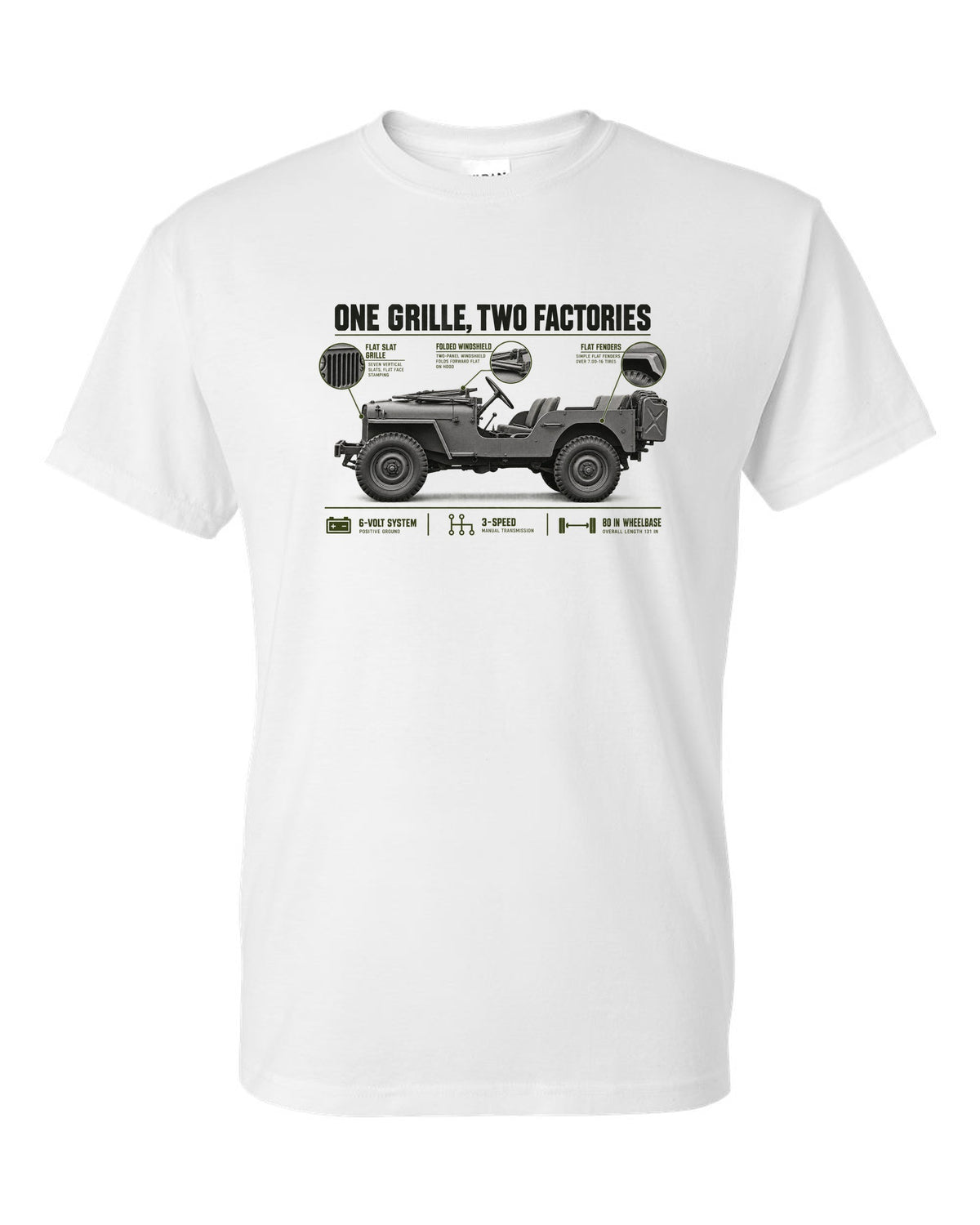 Spec poster print for the Willys MB and Ford GPW, 1941-1945 white t-shirt front view with the design