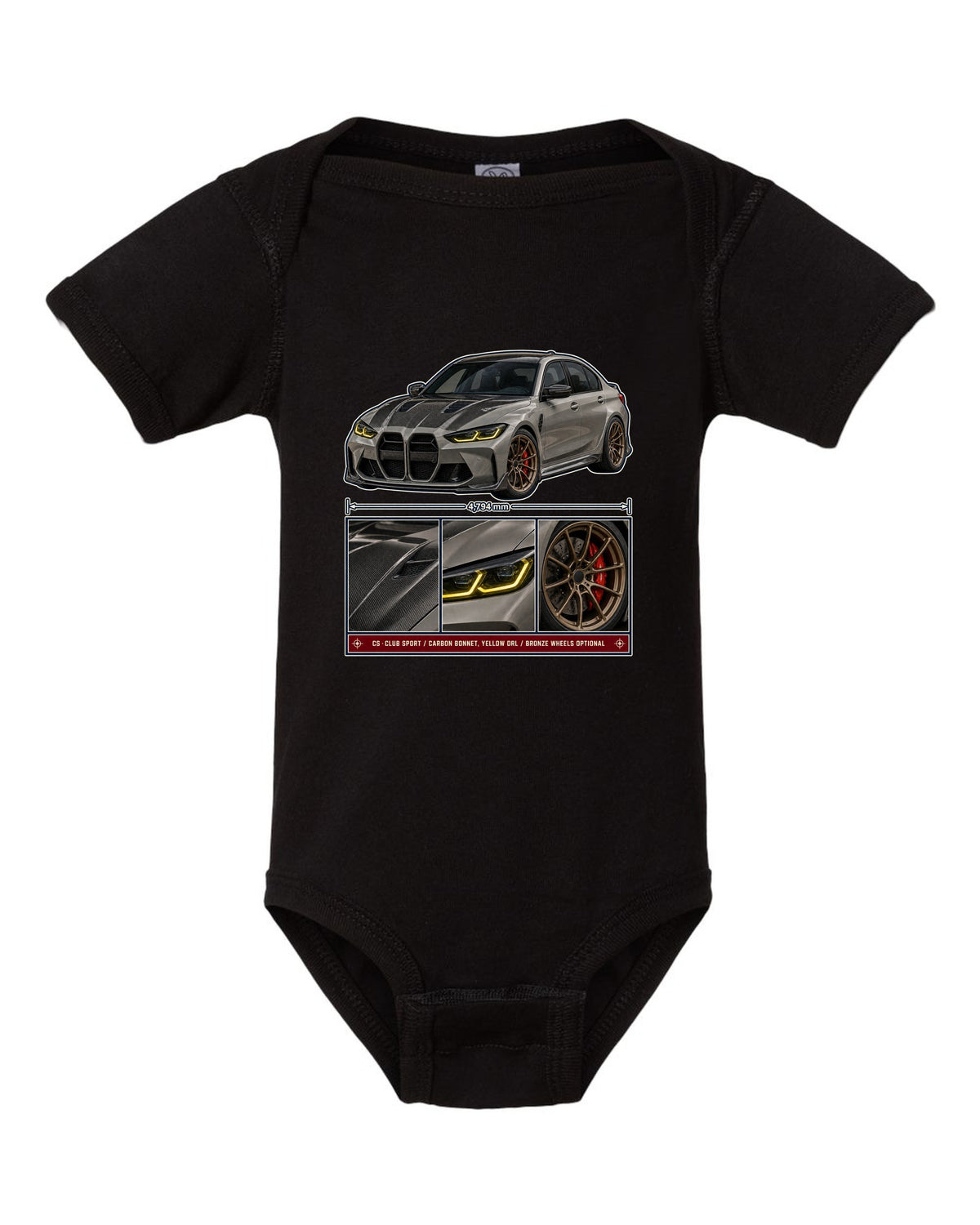 BMW M3 CS G80 dossier panels print design black baby onesie front view with the design