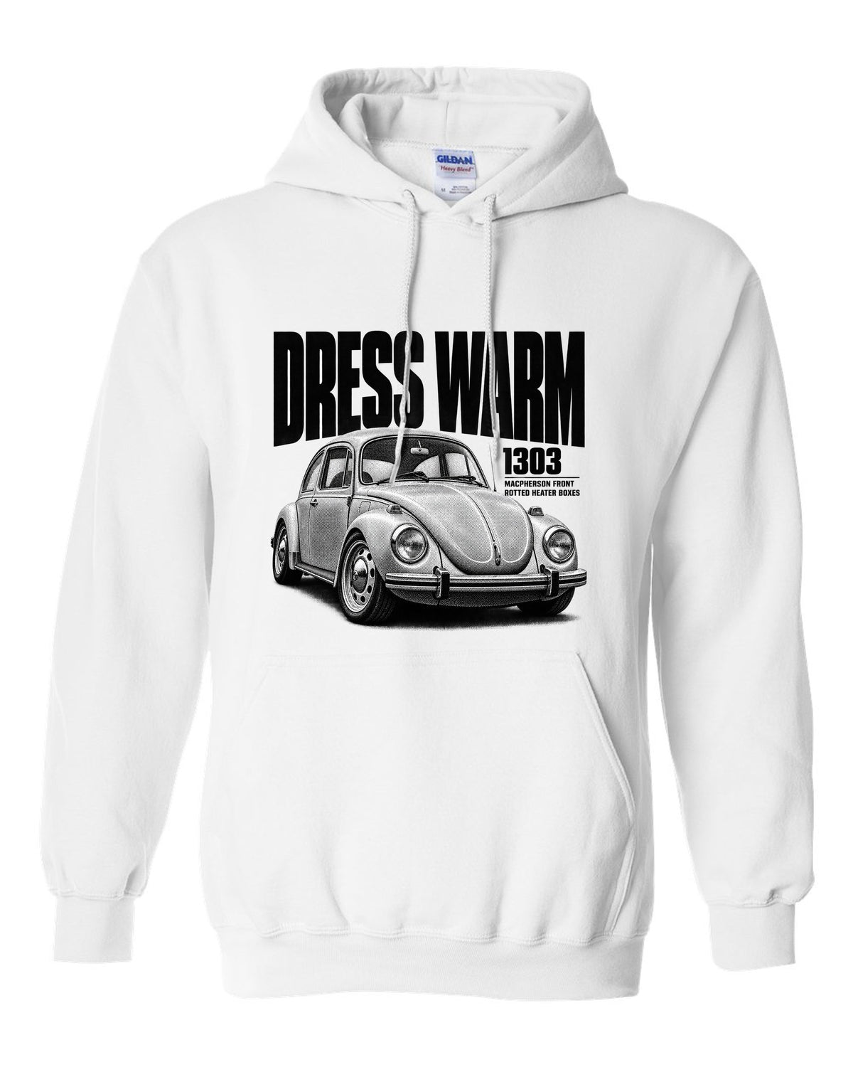 Halftone print of a VW Beetle Type 1 1303 front three-quarter with dress warm text white pull over hoodie front view with the design